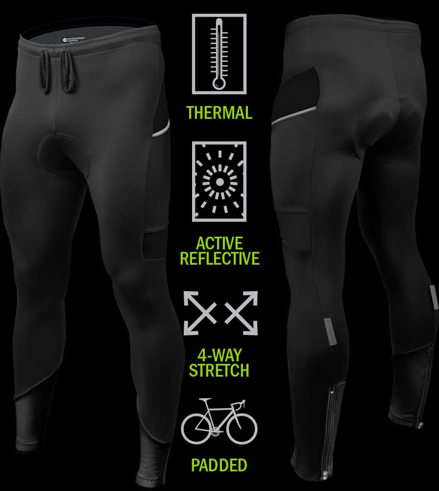 Men's Thermal Brushed Fleece Cycling Tights with Pockets & Reflective Details - All Day Comfort for Winter Biking - Made in USA - Perfect for Cold Weather Commuting, Road Cycling & Indoor Training