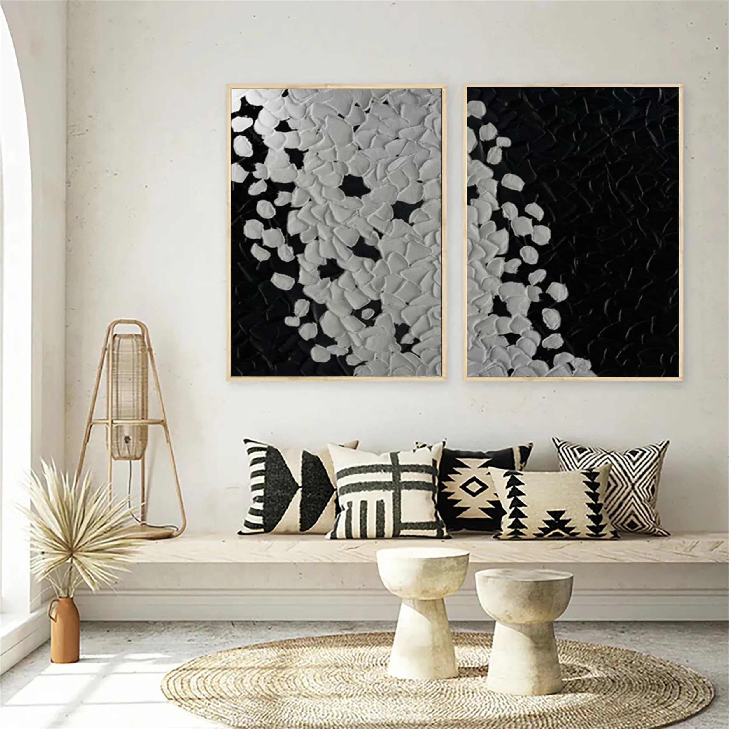 Modern Black and White Textured Minimalist Wall Art Set of 2 - Abstract Canvas Paintings for Living Room, Bedroom & Office Decor #MZ107