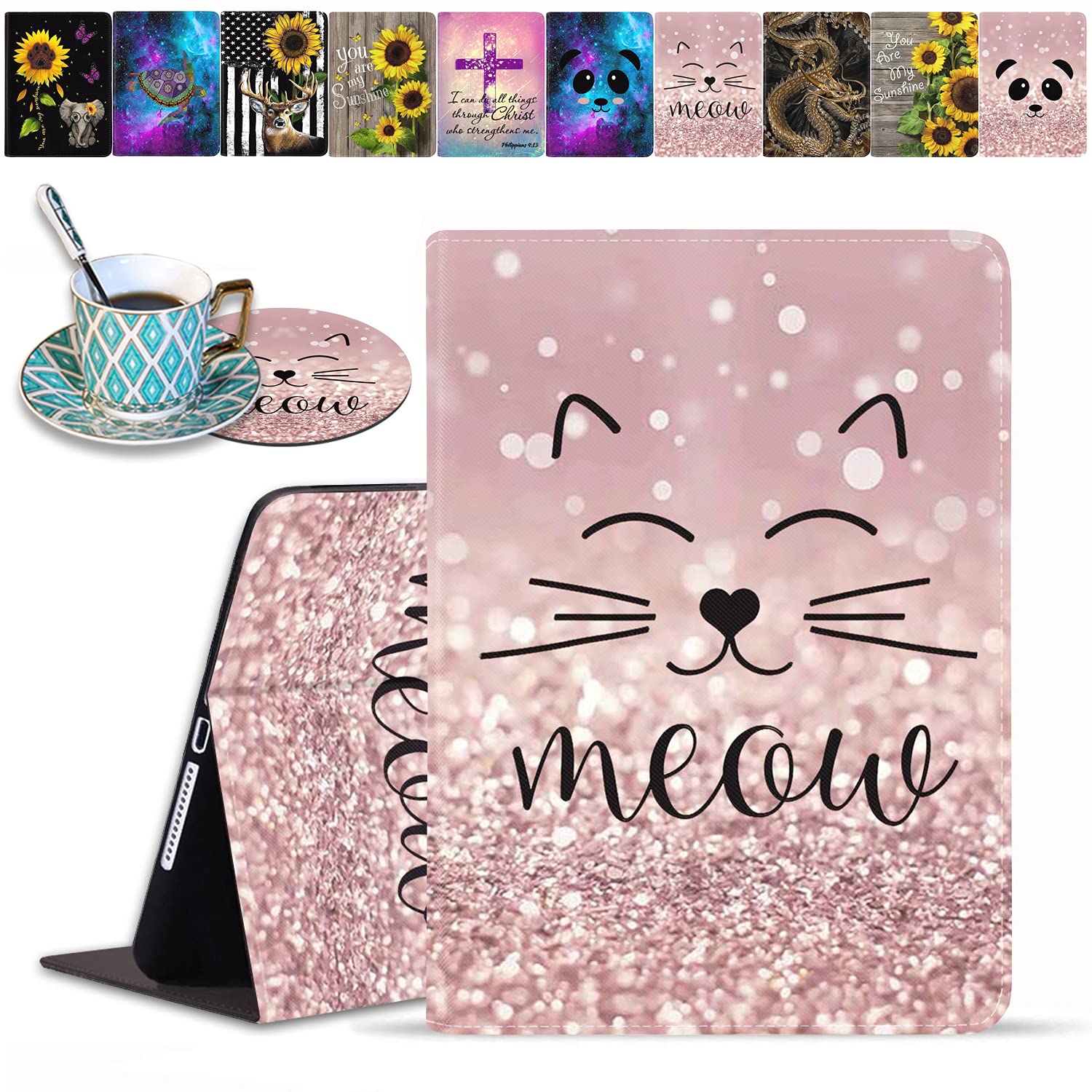 Shockproof Cute Cat Face TPU Case for iPad 9.7 2017/2018 & iPad Air/Air 2 - Adjustable Folio Stand with Auto Sleep/Wake (Pink Glitter Meow Design) - Perfect for Work, School & Travel Protection
