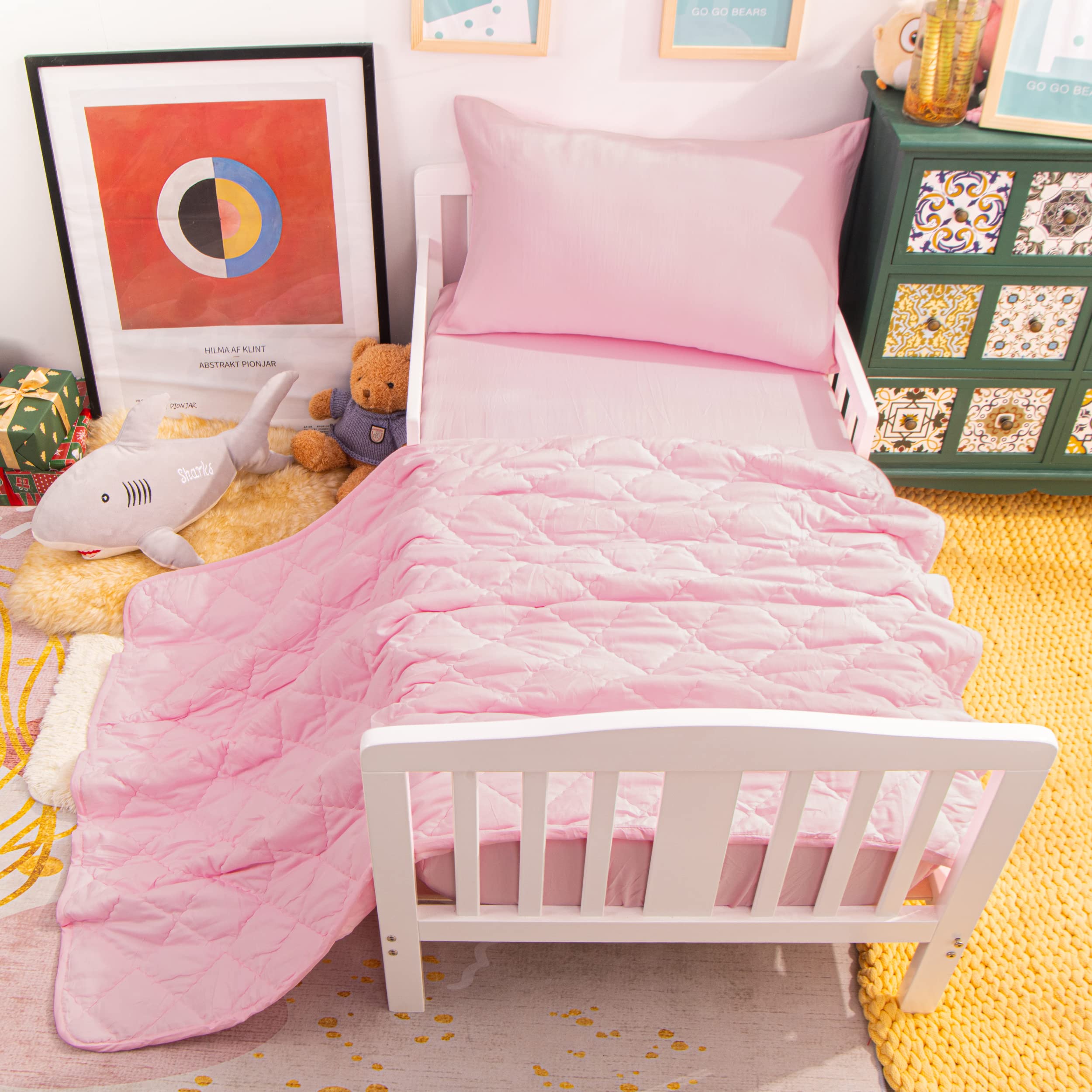 NTBAY 4-Piece Toddler Bedding Set - Soft & Breathable Crib Bedding for Boys & Girls, Includes Quilted Comforter, Fitted Sheet, Flat Sheet & Pillowcase - Pink - Perfect for Nursery, Daycare & Travel