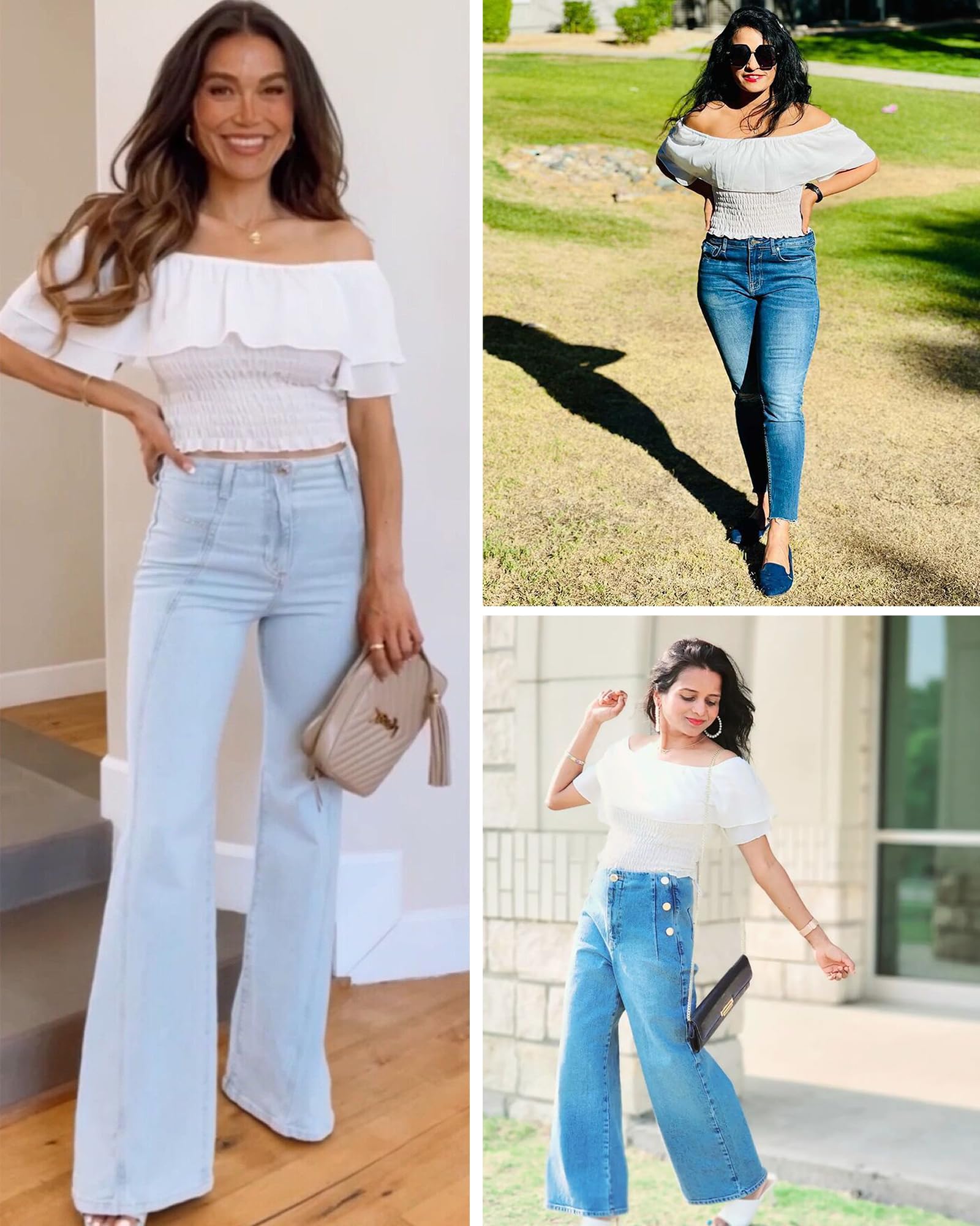 HibluCo Women's Off Shoulder Ruffled Crop Top - Smocked Waist Blouse for Summer | Casual Outfit, Beach Wear, Date Night & Vacation Style