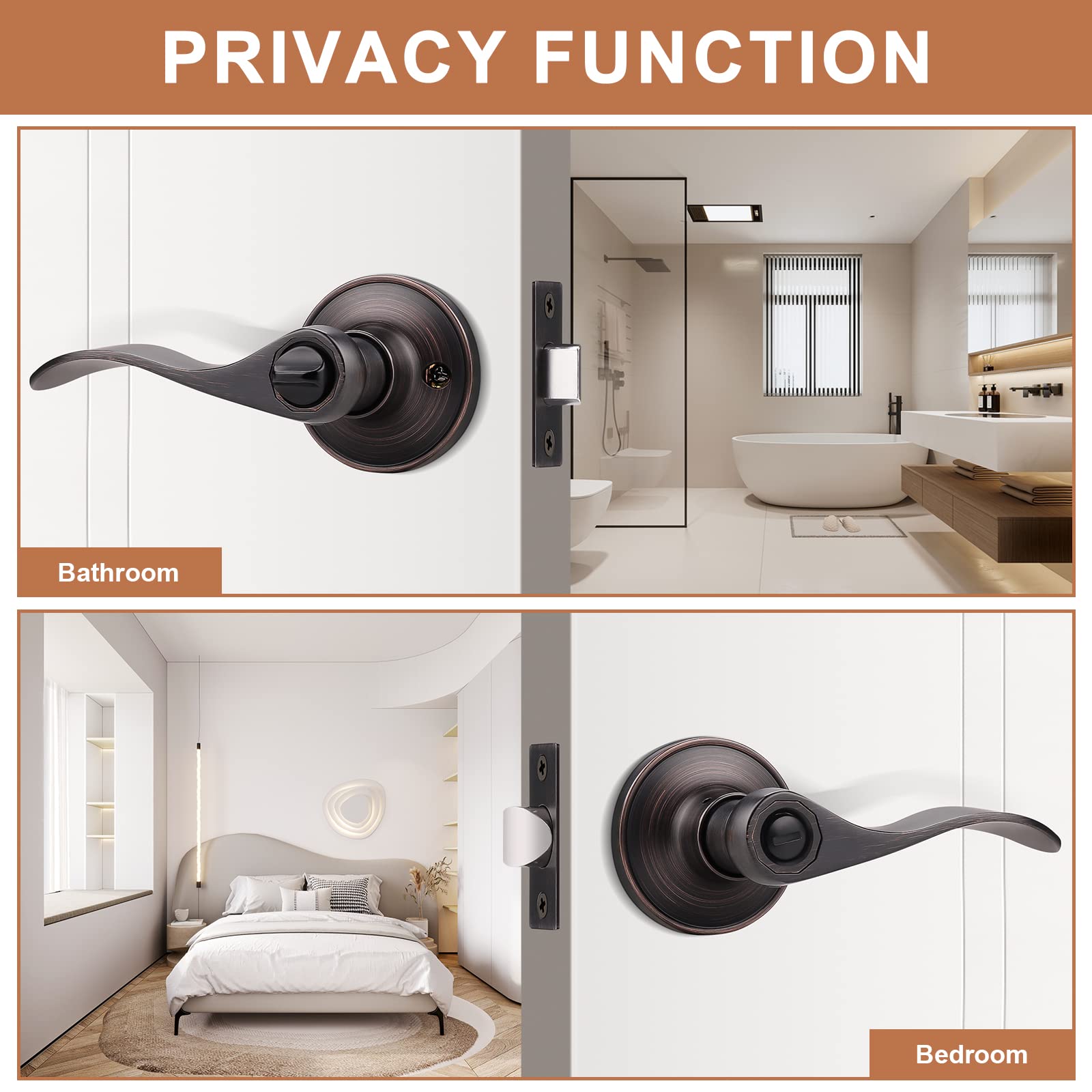 6 Pack Privacy Door Lever with Thumb Turn Lock - Keyless Oil Rubbed Bronze Wave Door Handle Set for Bedroom & Bathroom Doors (Reversible Right/Left Handed) - Perfect for Home Privacy, Interior Doors & Rental Properties