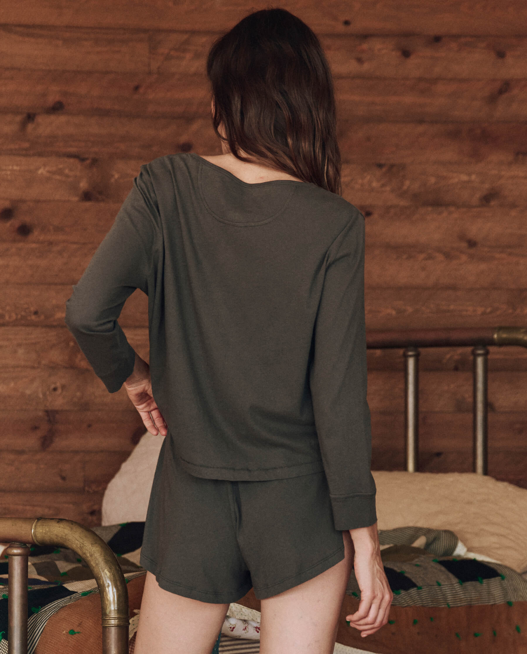 The Crop Sleep Henley - Soft Washed Black Cotton Top for Women | Cozy Loungewear & Sleepwear for Relaxing at Home