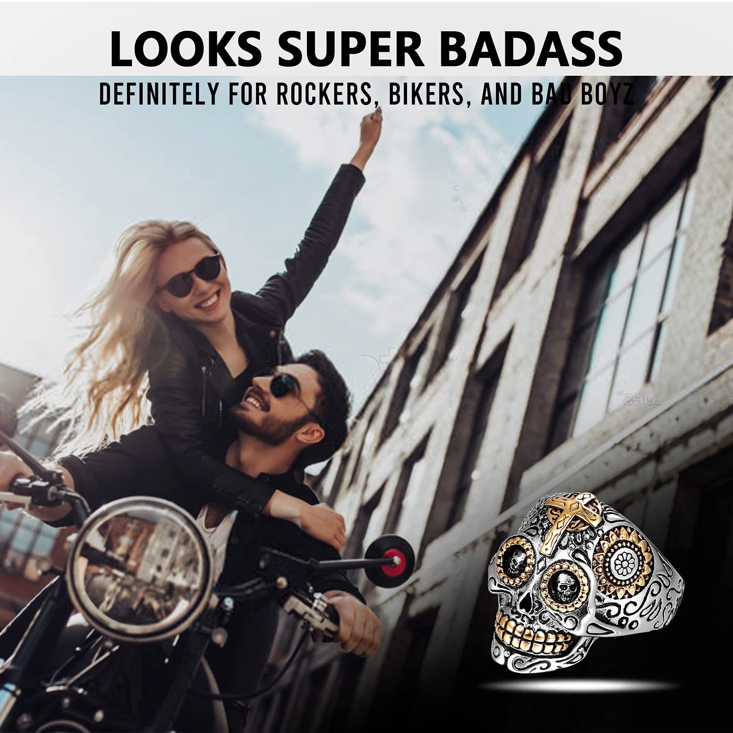 LAOYOU Sugar Skull Rings for Men & Women - Stainless Steel Gothic Biker Jewelry, Day of The Dead Inspired Punk Accessories - Perfect for Halloween, Christmas Gifts & Biker Fashion
