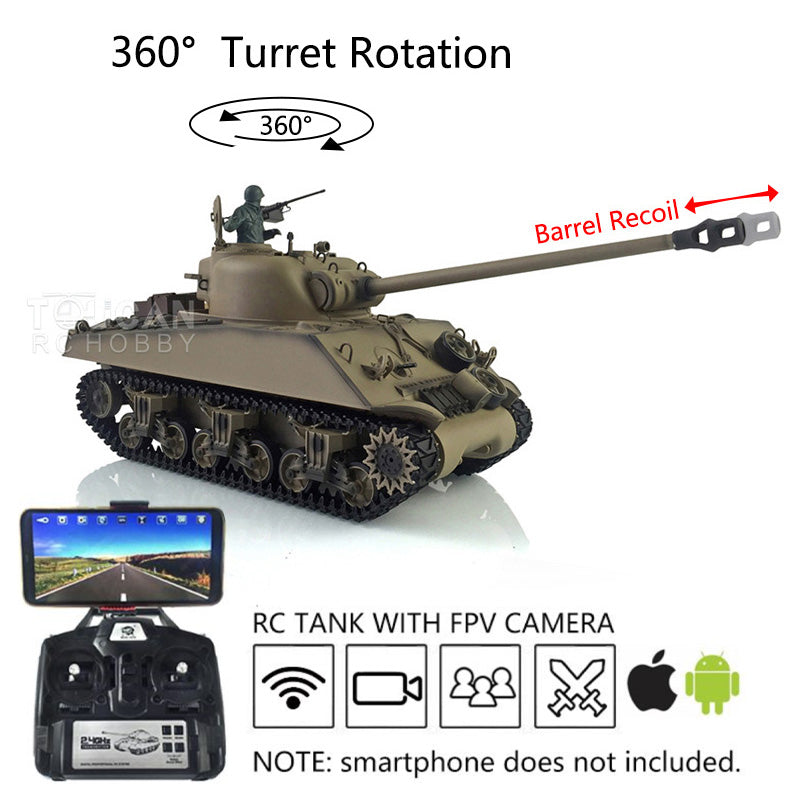 Henglong 1/16 Scale FPV 7.0 M4A3 Sherman RTR RC Tank with 360° Rotating Turret, Barrel Recoil & Metal Tracks - Ready-to-Run Remote Control Military Vehicle with Engine Sound & FPV Camera for Adults & Collectors - Perfect for Battle Reenactments, Outdoor Play & RC Hobbyists