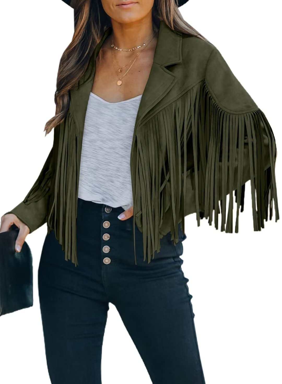 FARYSAYS Women's Cropped Fringe Faux Suede Leather Motorcycle Jacket - Stylish Biker Outerwear for Casual Outings & Night Events