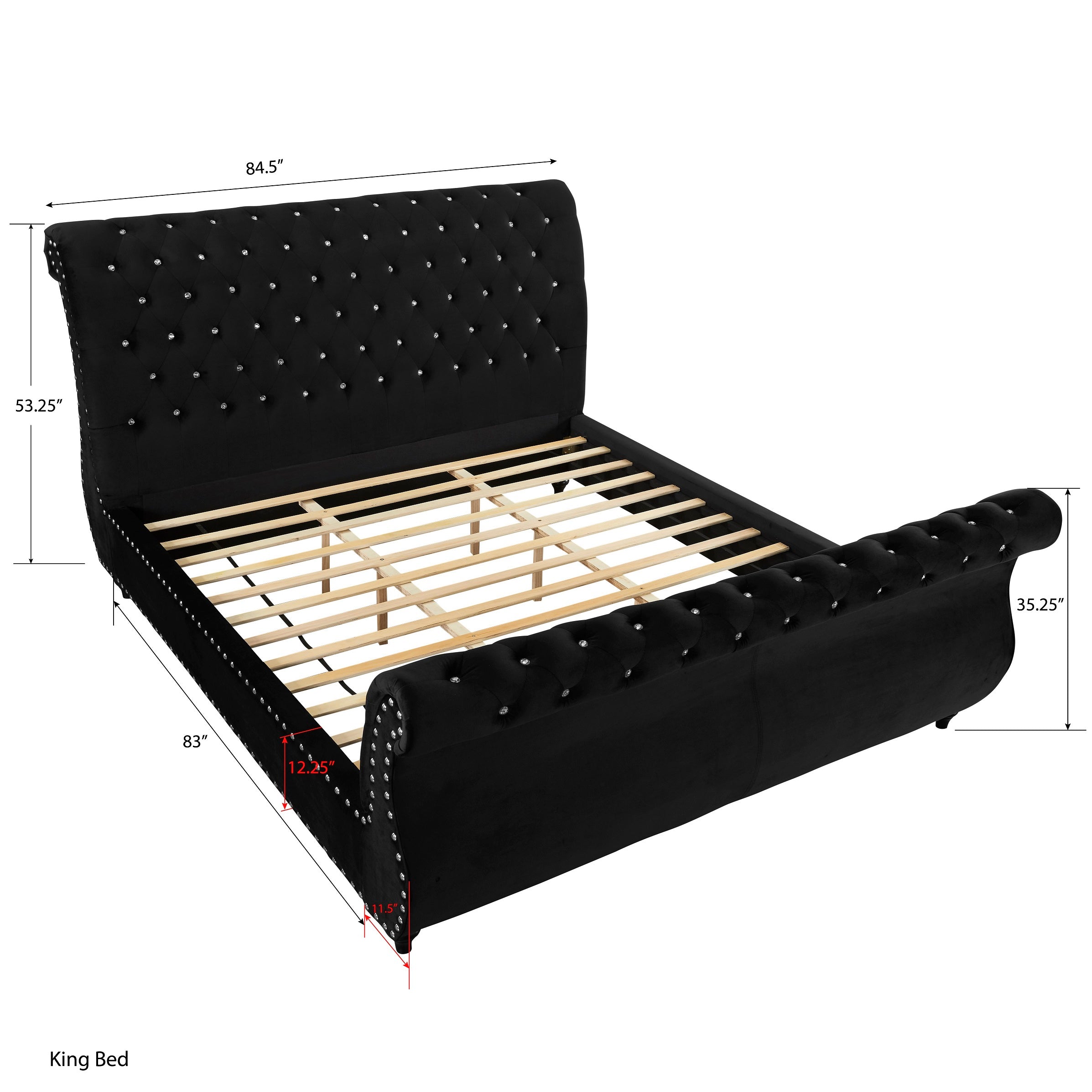 Roundhill Furniture Evora Velvet Upholstered Crystal Button Tufted Sleigh Bed - Queen Size Black Luxury Bed Frame for Master Bedroom | Elegant Tufted Headboard & Sturdy Wooden Base