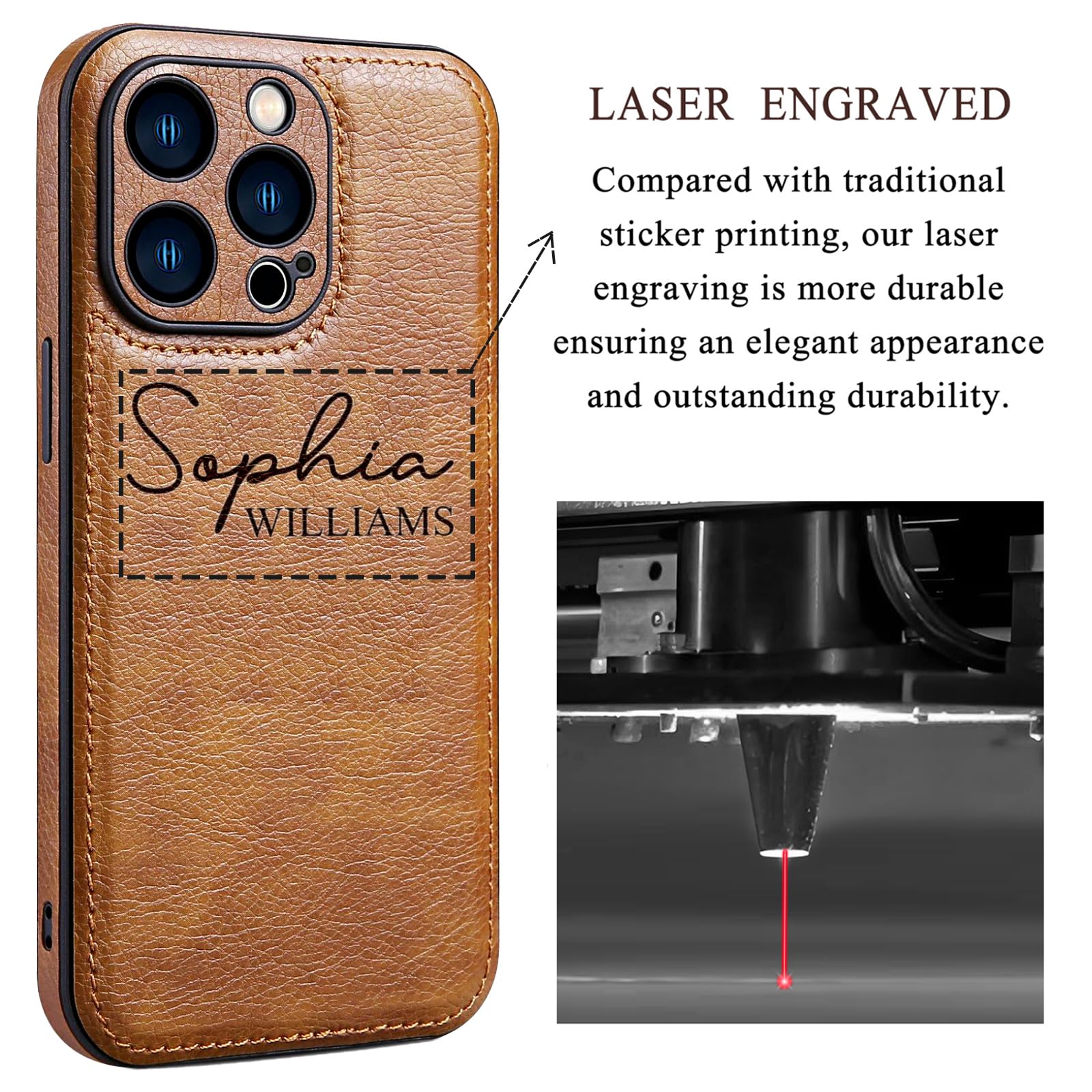 Custom Engraved Leather Phone Case for iPhone 16/15/14/13/12/11 Pro Max Plus Mini - Personalized Name Protection Cover (Genuine Brown Leather) - Perfect Gift for Birthday, Anniversary & Daily Use