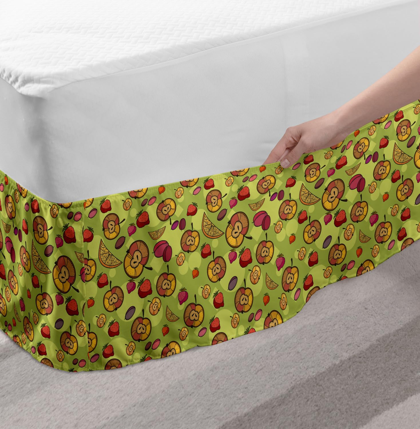 Ambesonne Fruit Bedskirt - Apple Plum Strawberry Print, Queen Size, Pale Green for Bedroom Decor | Dining Room & Guest Room Use
