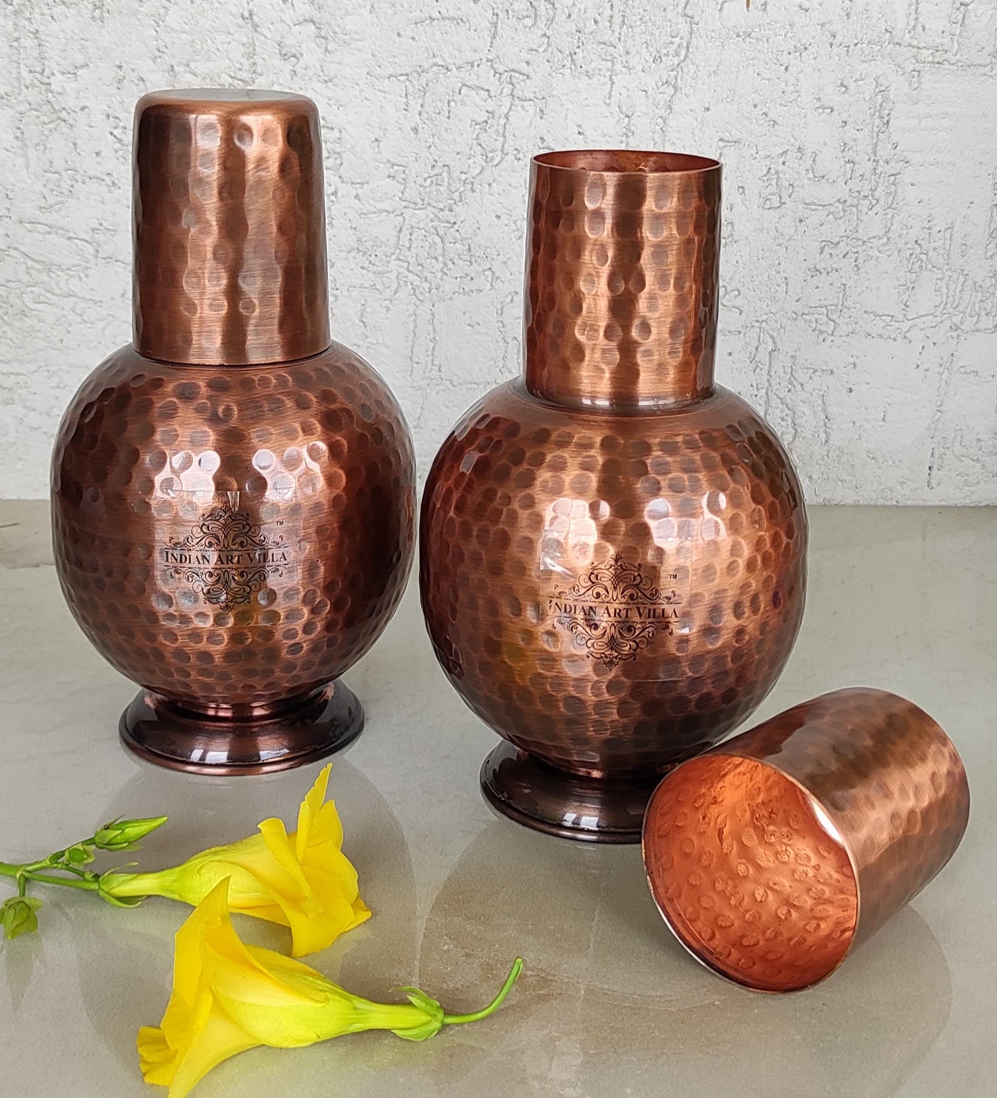 Pure Copper Water Bottle with Inbuilt Glass & Antique Surahi Design - 25oz (Pack of 2) | Indian Art Villa | Elegant Drinkware for Bedroom, Office & Travel | Ayurvedic Health Benefits