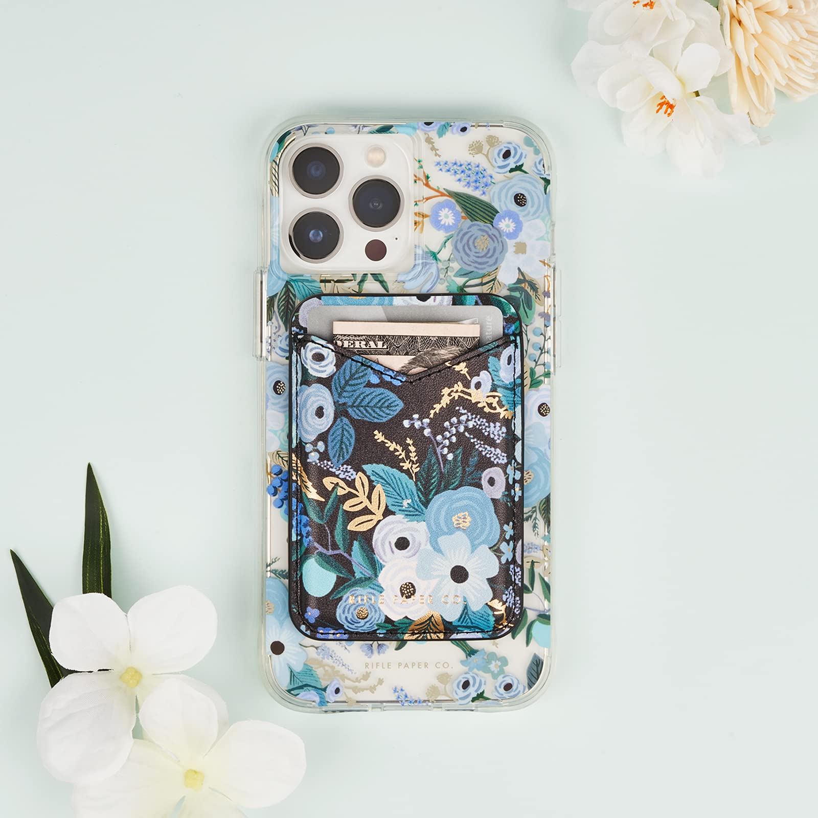 Rifle Paper Co. Magnetic Wallet for iPhone 16 Pro Max/15 Pro/14/13 - Vegan Leather MagSafe Card Holder (Holds 3 Cards) | Slim Detachable Phone Wallet | Garden Party Blue | Perfect for Everyday Use, Travel & Contactless Payments