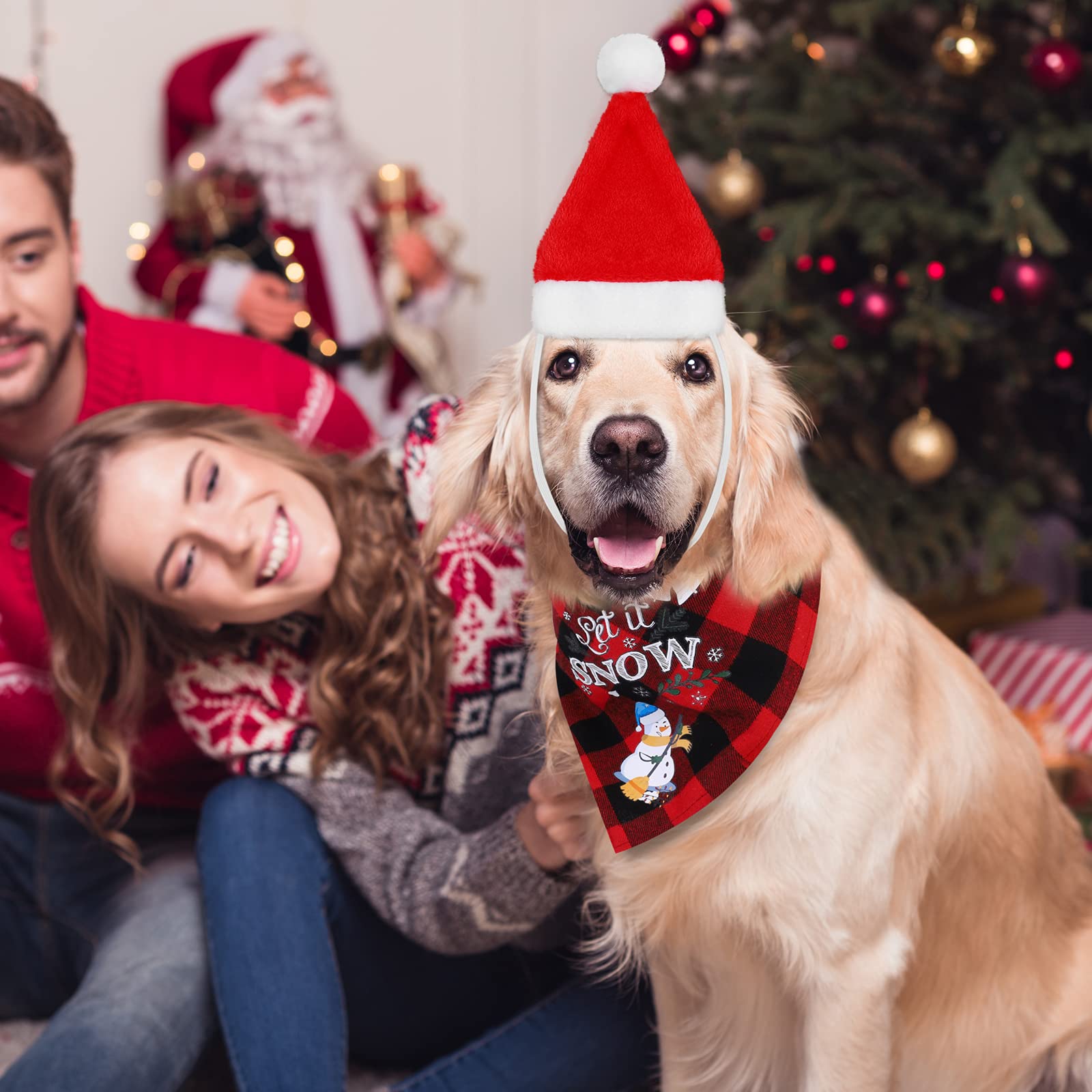 Christmas Pet Costume Set - Buffalo Plaid Scarf, Reindeer Antlers & Santa Hat for Dogs - Holiday Pet Decor & Photo Props
