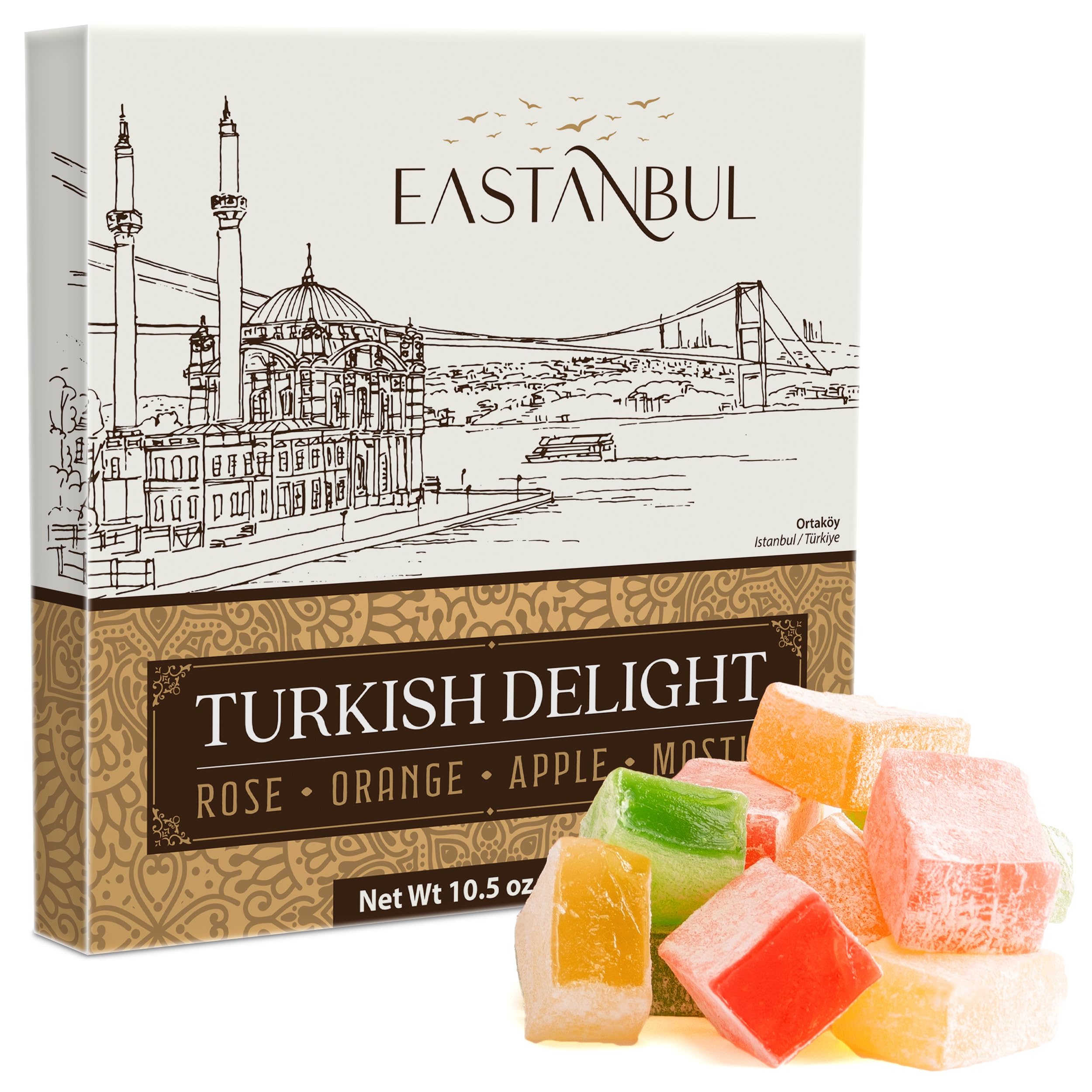 Premium Eastanbul Turkish Delight Lokum - 10.5oz Assorted Flavors (Rose, Orange, Apple, Mastic) | Gluten Free, Vegan, No Artificial Ingredients | Authentic Turkish Candy for Gifts, Dessert & Tea Time