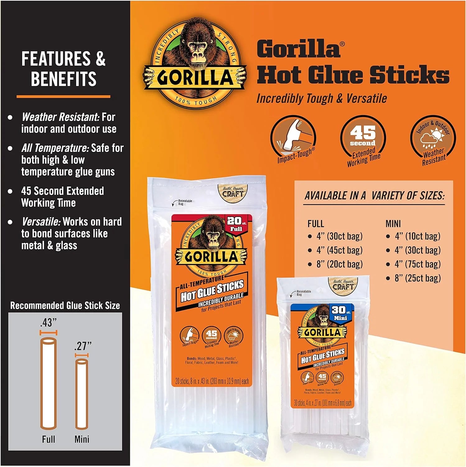 Gorilla 360-Pack 4-Inch Long x 0.27-Inch Diameter Clear Mini Hot Glue Sticks - 45 Second Extended Working Time for DIY Crafts, Home Repairs & School Projects