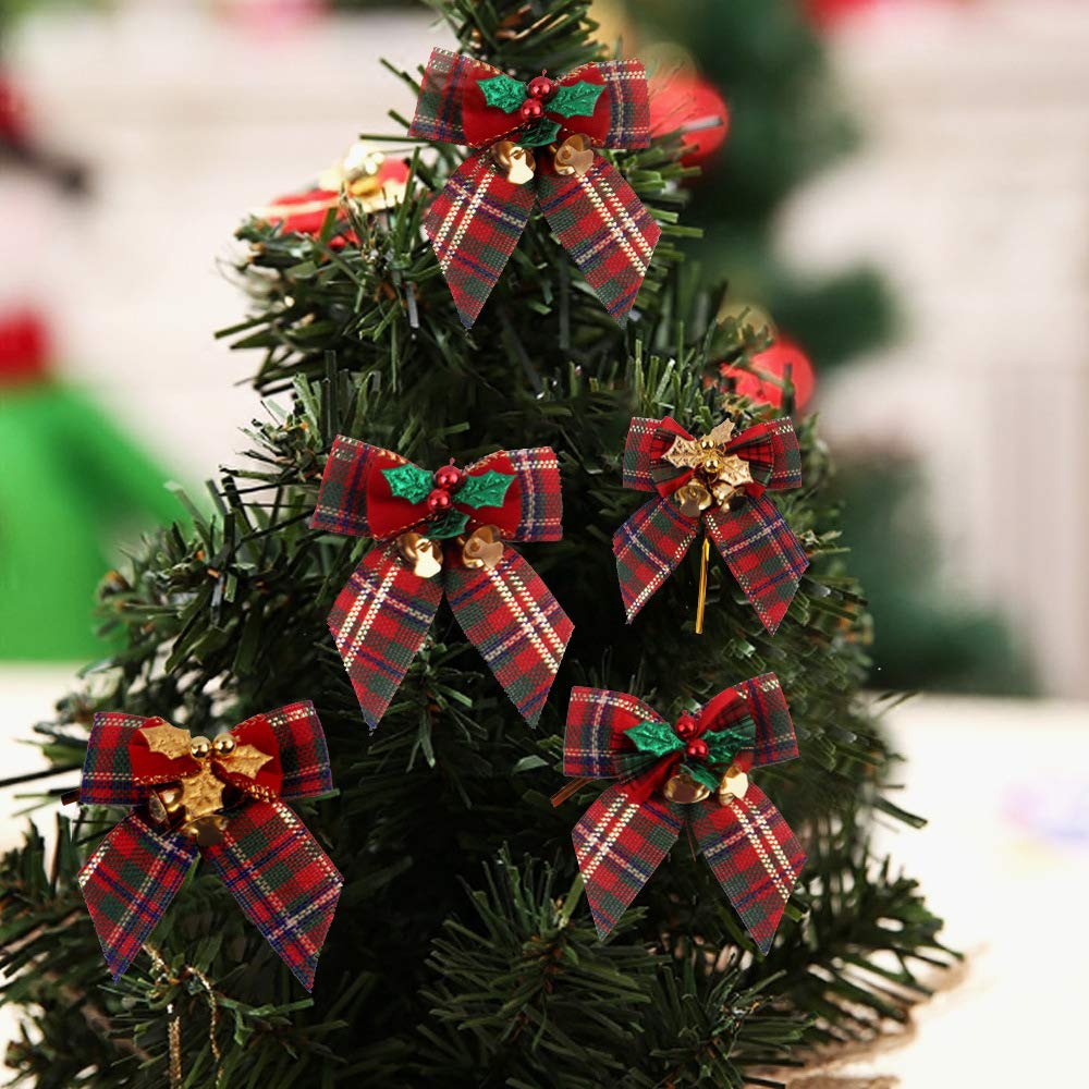 8-Piece Christmas Tree Bows Set - Golden Leaf Ribbon Bows for Xmas Tree Decorations, Holiday Wreaths & Gift Wrapping - Elegant Festive Ornaments for Home & Party Decor