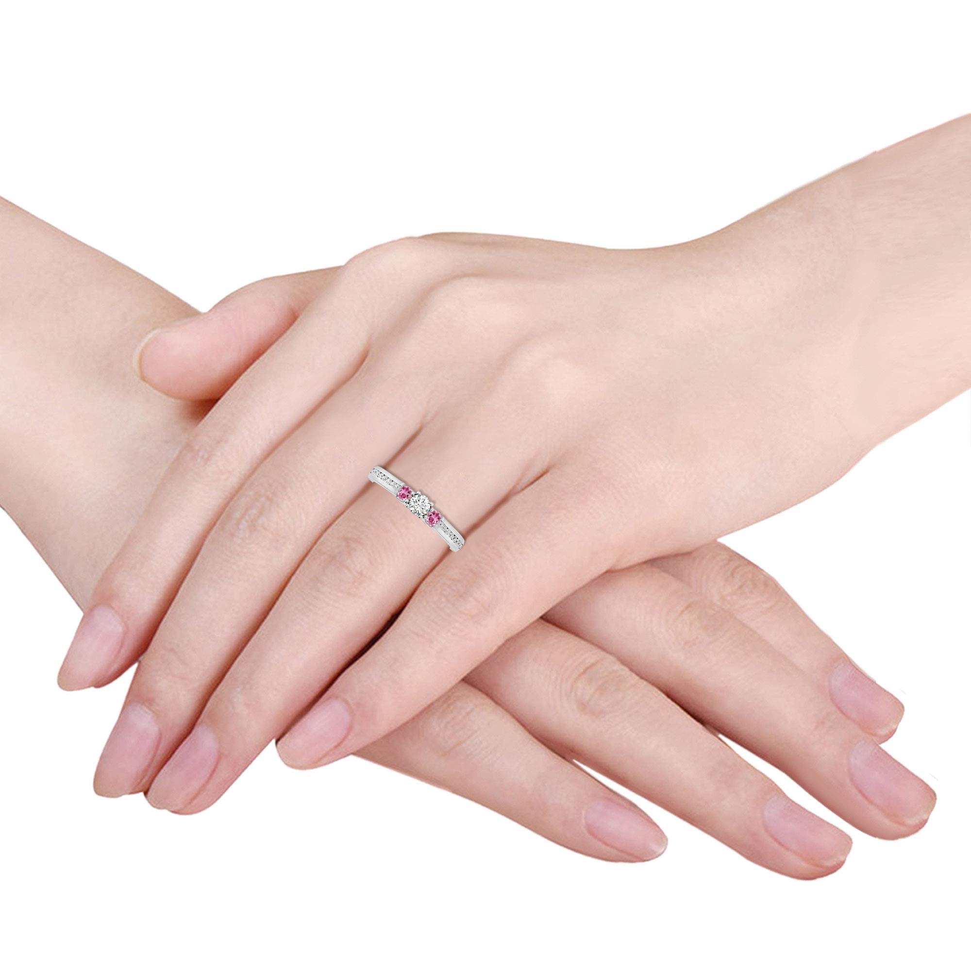 Inspereza 10K Gold 1/2 Carat Round Diamond & Pink Tourmaline Three Stone Engagement Ring | Size 5-8, H-I Color, I2-I3 Clarity | Perfect for Wedding Proposals, Anniversaries & Romantic Gifts