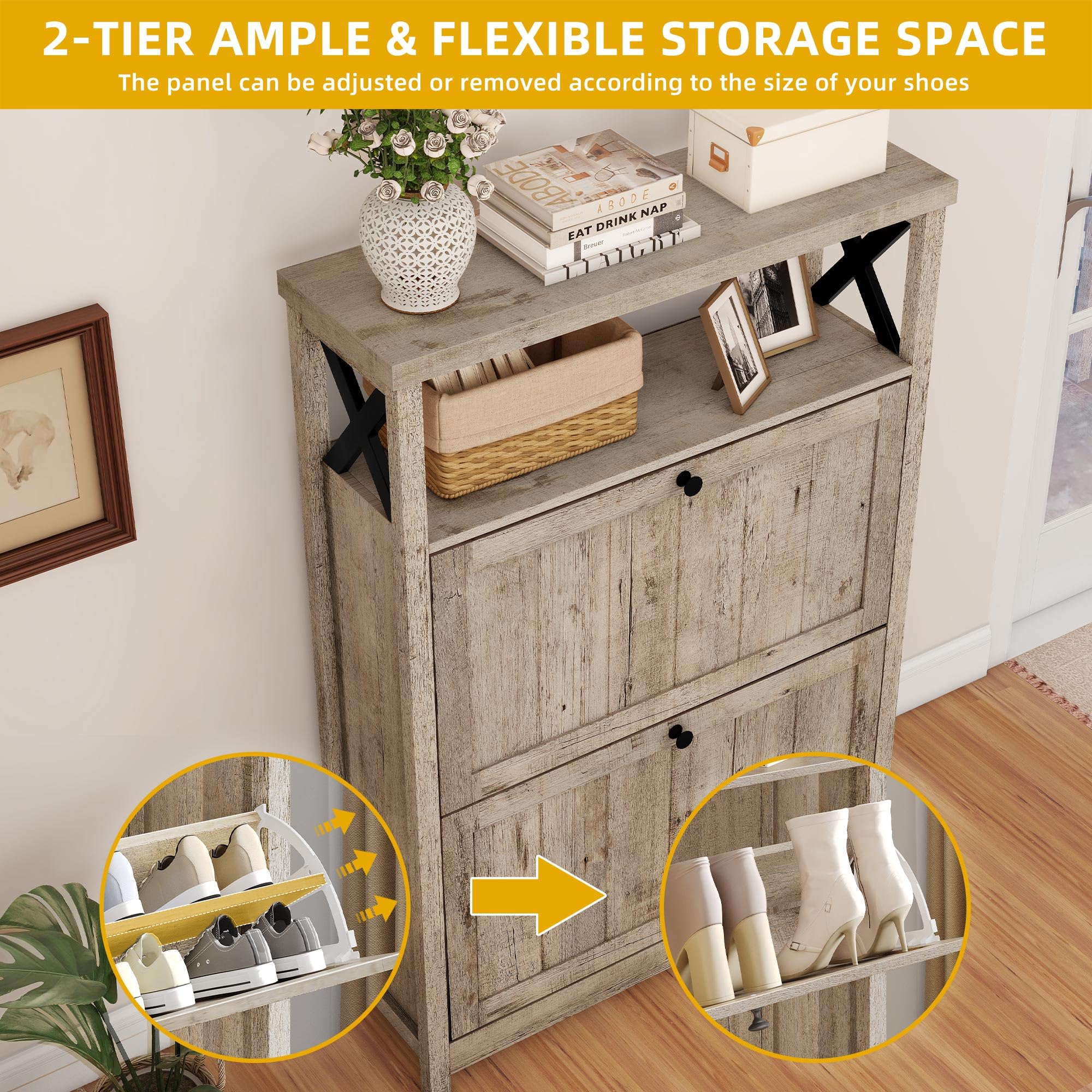 DWVO White Shoe Cabinet with 2 Flip Drawers - Free Standing Hidden Narrow Shoe Storage Organizer for Entryway, Hallway, Closet | Space Saving Shoe Rack for Small Spaces, Old Oak Finish | Perfect for Apartments, Dorms & Home Organization