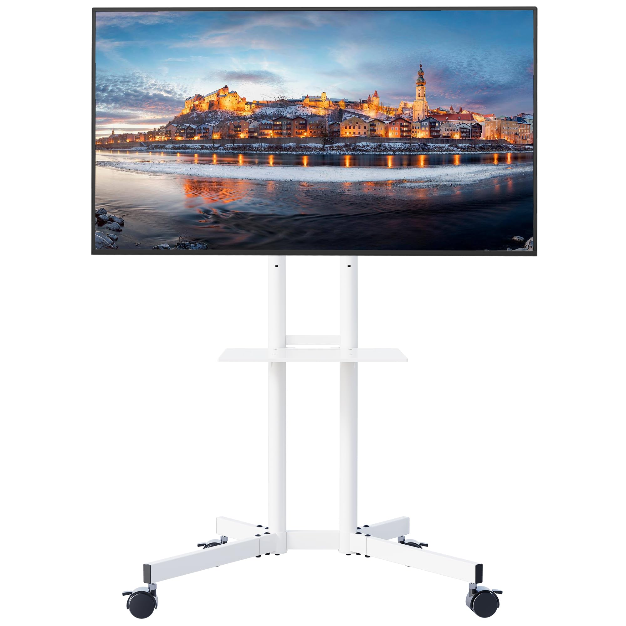 BONTEC Adjustable Rolling TV Stand for 32-85 Inch LED, LCD, OLED, 4K TVs - Mobile Height Adjustable TV Cart with Laptop Shelf, Locking Wheels (132lbs Capacity, 600x400mm VESA) - Perfect for Living Rooms, Bedrooms, and Home Theaters - White