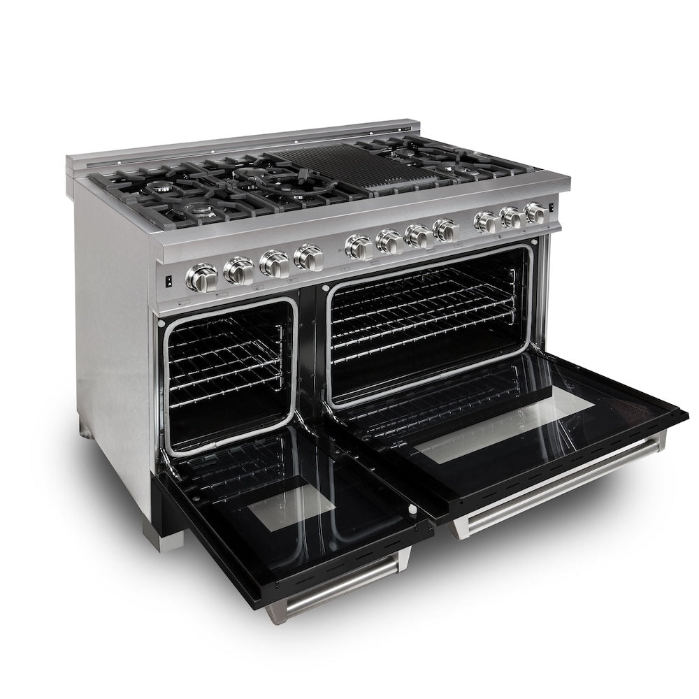 ZLINE 48-inch Stainless Steel Dual Fuel Range with Black Matte Door & Convertible Range Hood - Professional Kitchen Package for Home Chefs | Ideal for Modern Kitchens, Cooking Enthusiasts & Gourmet Meal Preparation