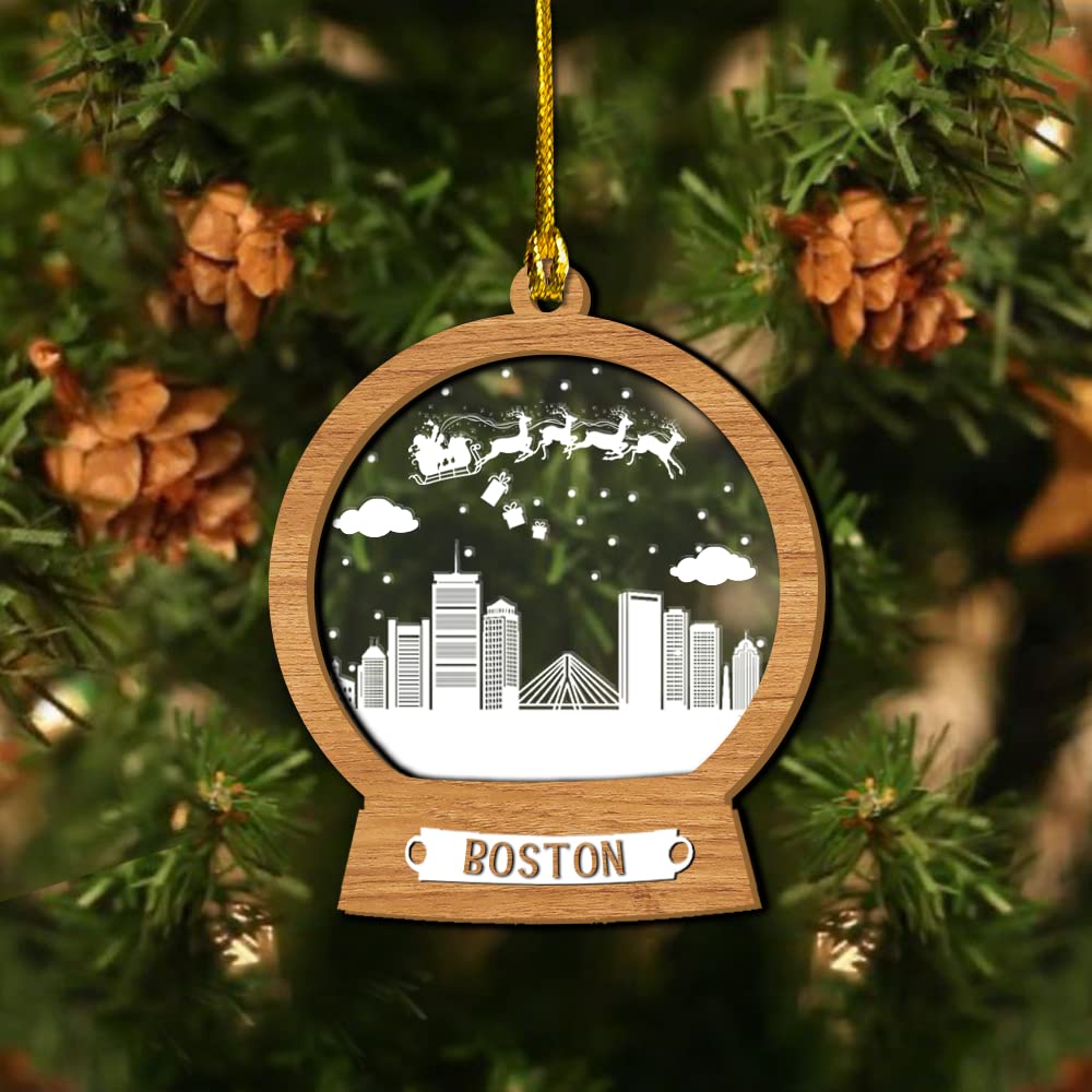 3D Wood Layered Personalized Boston Cityscape Christmas Ornaments - Set of 10 Handmade Tree Decorations for Holiday Home & Office Decor | Perfect Gift for Family & Friends