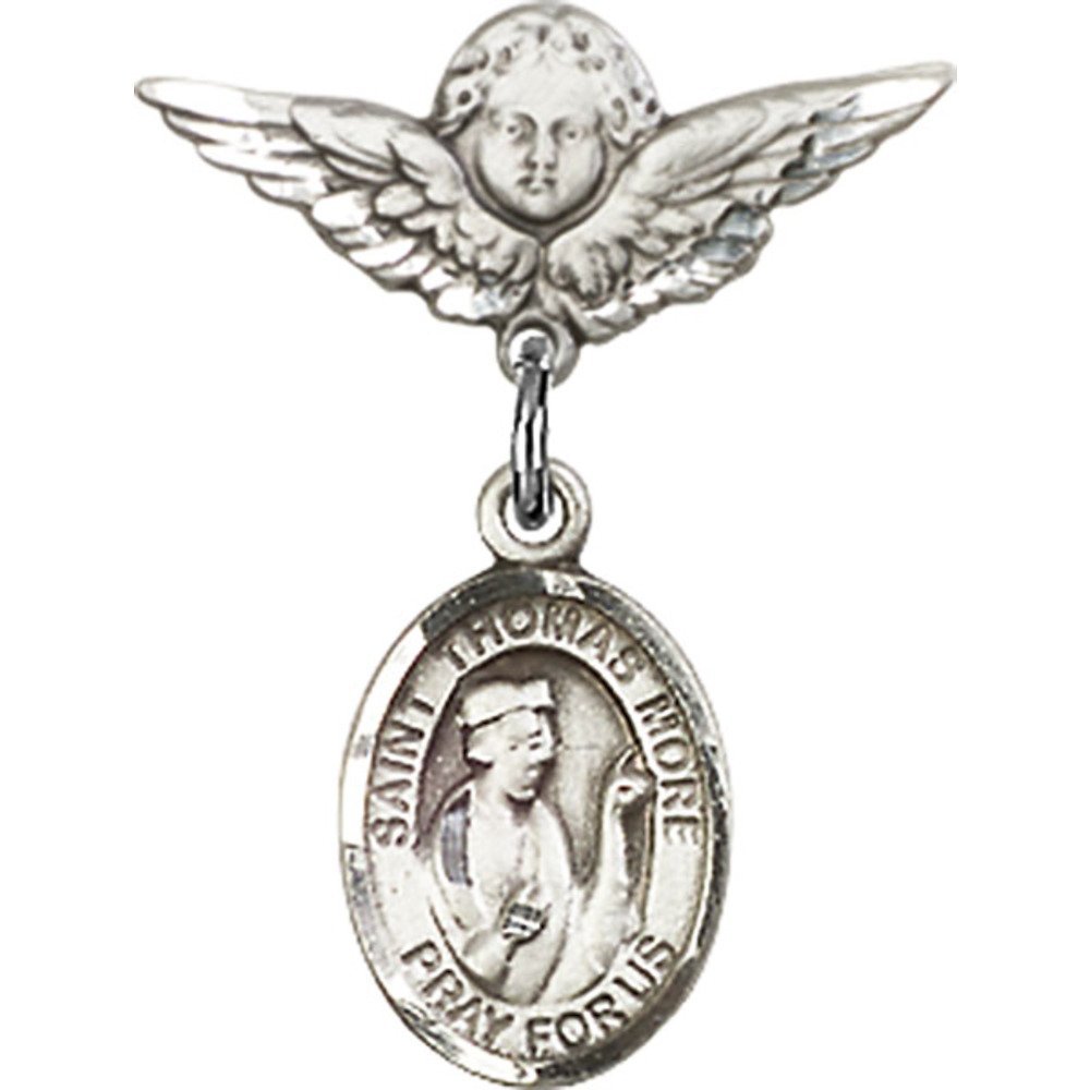 Sterling Silver Baby Badge with St. Thomas More Charm & Angel Wing Pin - 7/8