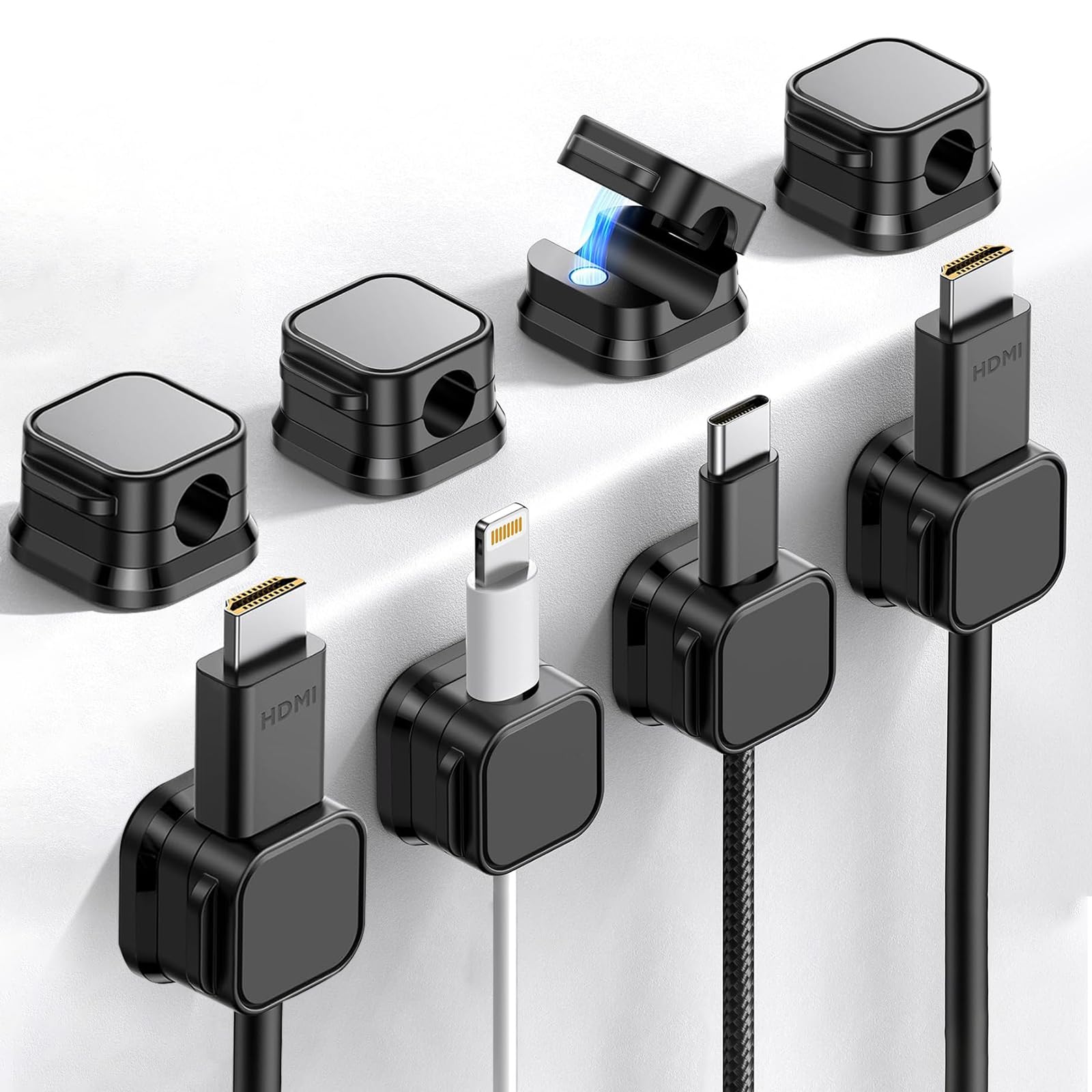 Cliffora 8 Pack Magnetic Cable Clips - Cord Organizer for Desk, Phone & USB Charging Cables - Black Cable Holder for Office, Car, Wall, Desktop & Nightstand - Perfect for Home, Work & Travel Organization