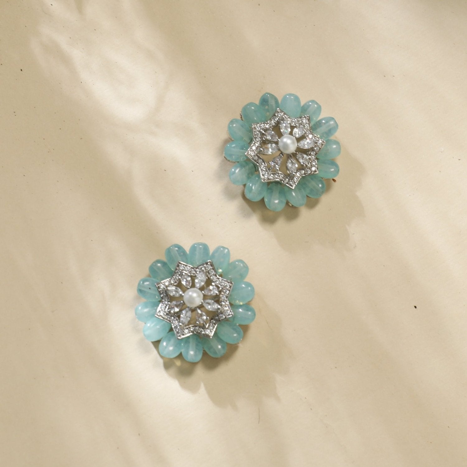 Floral Charm CZ Mint Beads & Pearl Stud Earrings for Women | Elegant Cubic Zirconia & Freshwater Pearl Jewelry | Perfect for Weddings, Parties & Everyday Wear