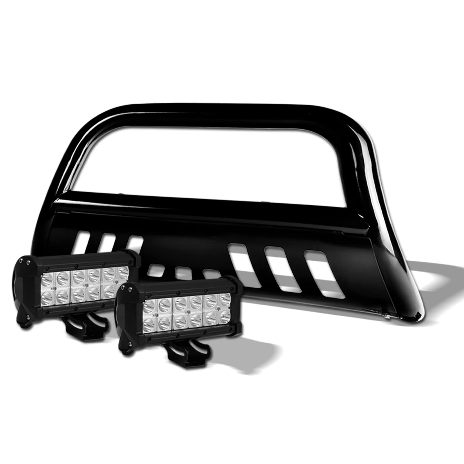 Black Bull Front Bumper Grill Guard with Skid Plate & 36W CREE LED Fog Lights for 05-11 Dodge Dakota & 06-09 Mitsubishi Raider - Off-Road Protection & Enhanced Visibility