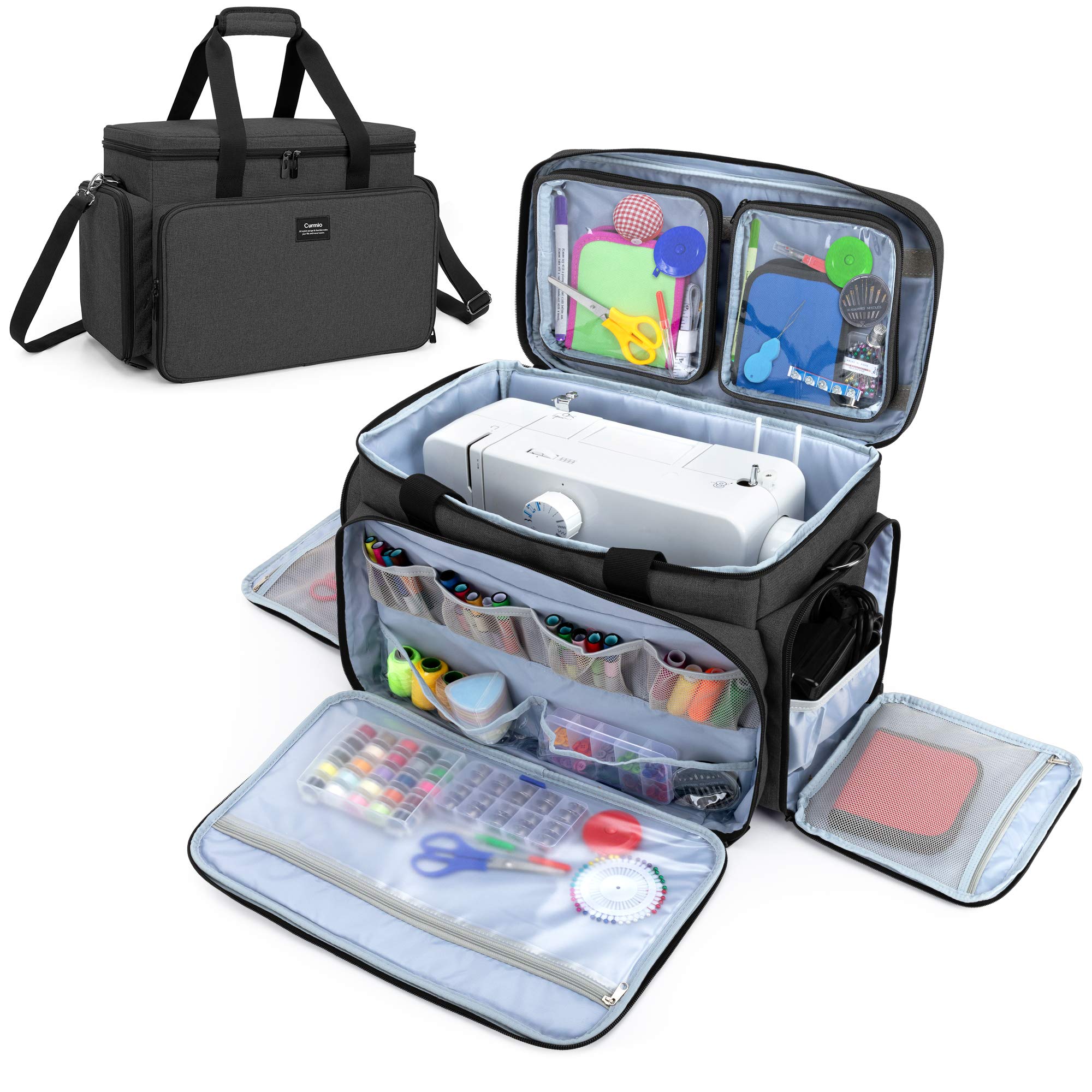 CURMIO Universal Sewing Machine Carrying Case - Travel Tote Bag with 2 Removable Transparent Zipper Pouches for Sewing Supplies, Fits Most Standard Machines (Black, Patented Design) - Perfect for Home Use, Classes & Craft Fairs