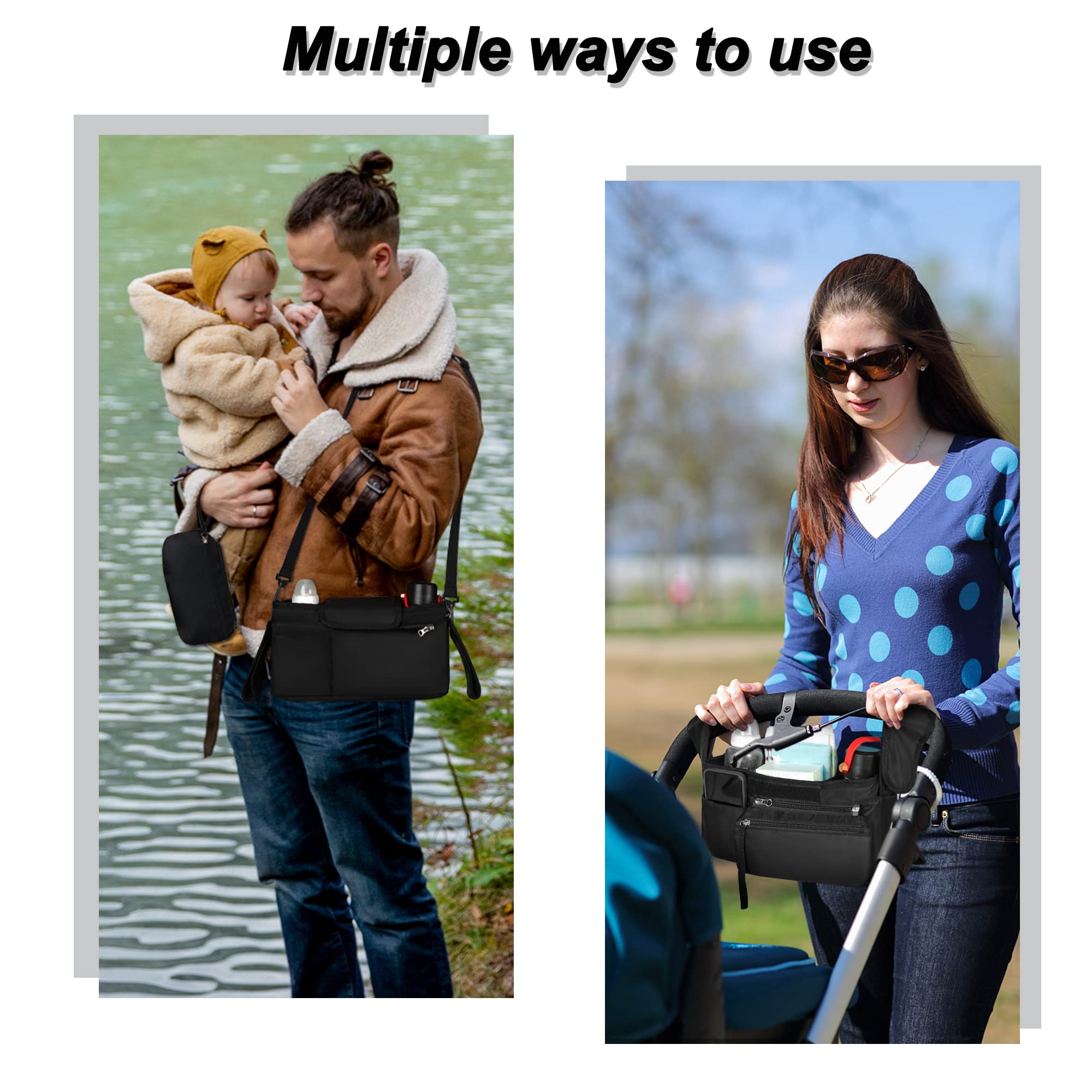 **Baby Stroller Organizer with 2 Insulated Cup Holders & Detachable Phone Bag - Universal Stroller Caddy for Diapers, Keys, Phone - Perfect for Shopping, Walks & Travel**
