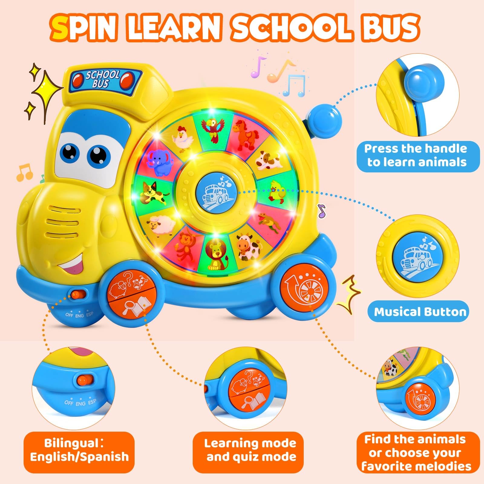Bilingual English Spanish Learning Toys for Babies 6-18 Months | Musical Educational Toddler Toys 1-3 Years | Interactive Spin & Learn School Bus Toy for 1+ Year Old Boys & Girls | Perfect for Early Childhood Development & Birthday Gifts