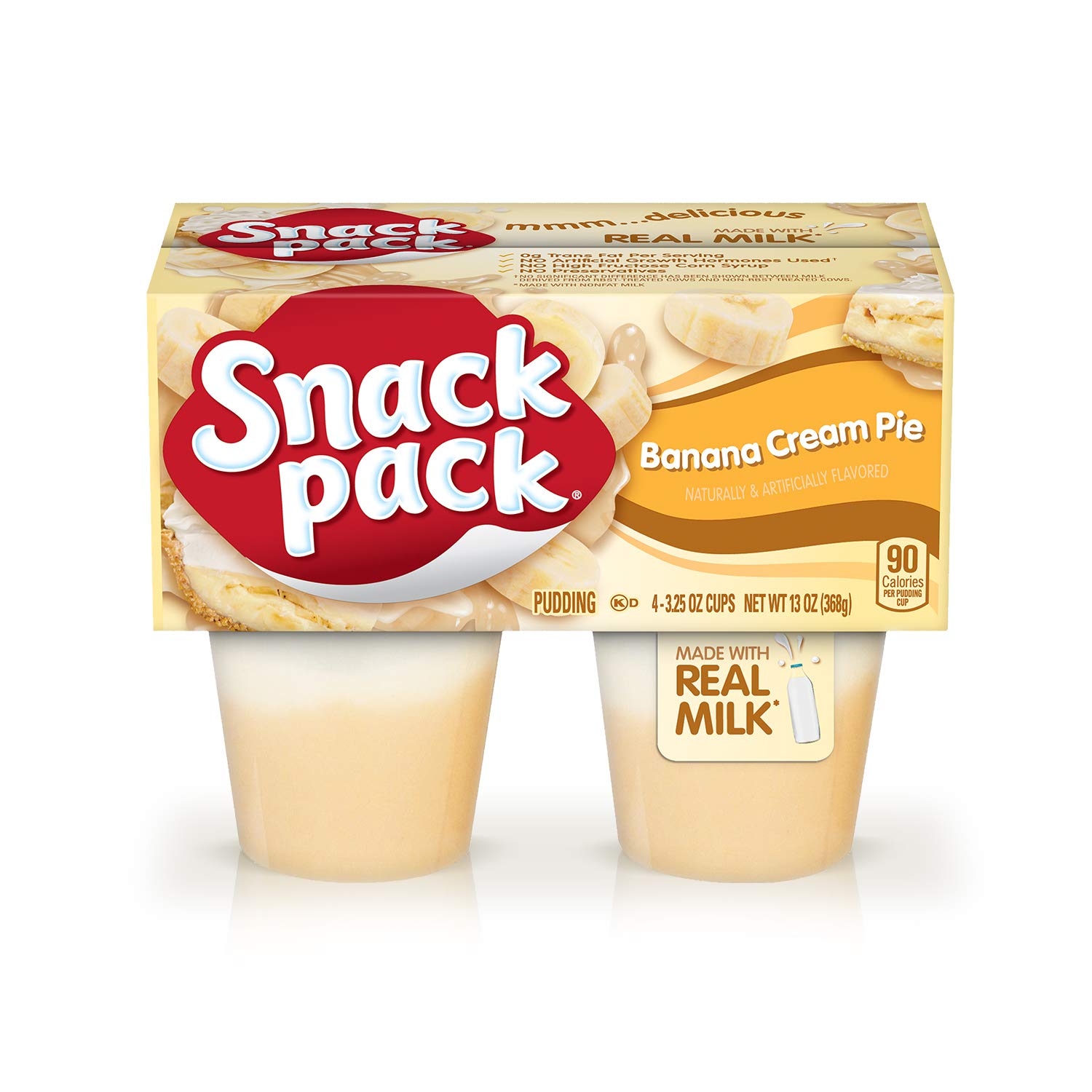 Delicious Banana Cream Pie Pudding Snack Packs - 4 Individually Wrapped Cups | Perfect for Lunches, Desserts & On-the-Go Snacking