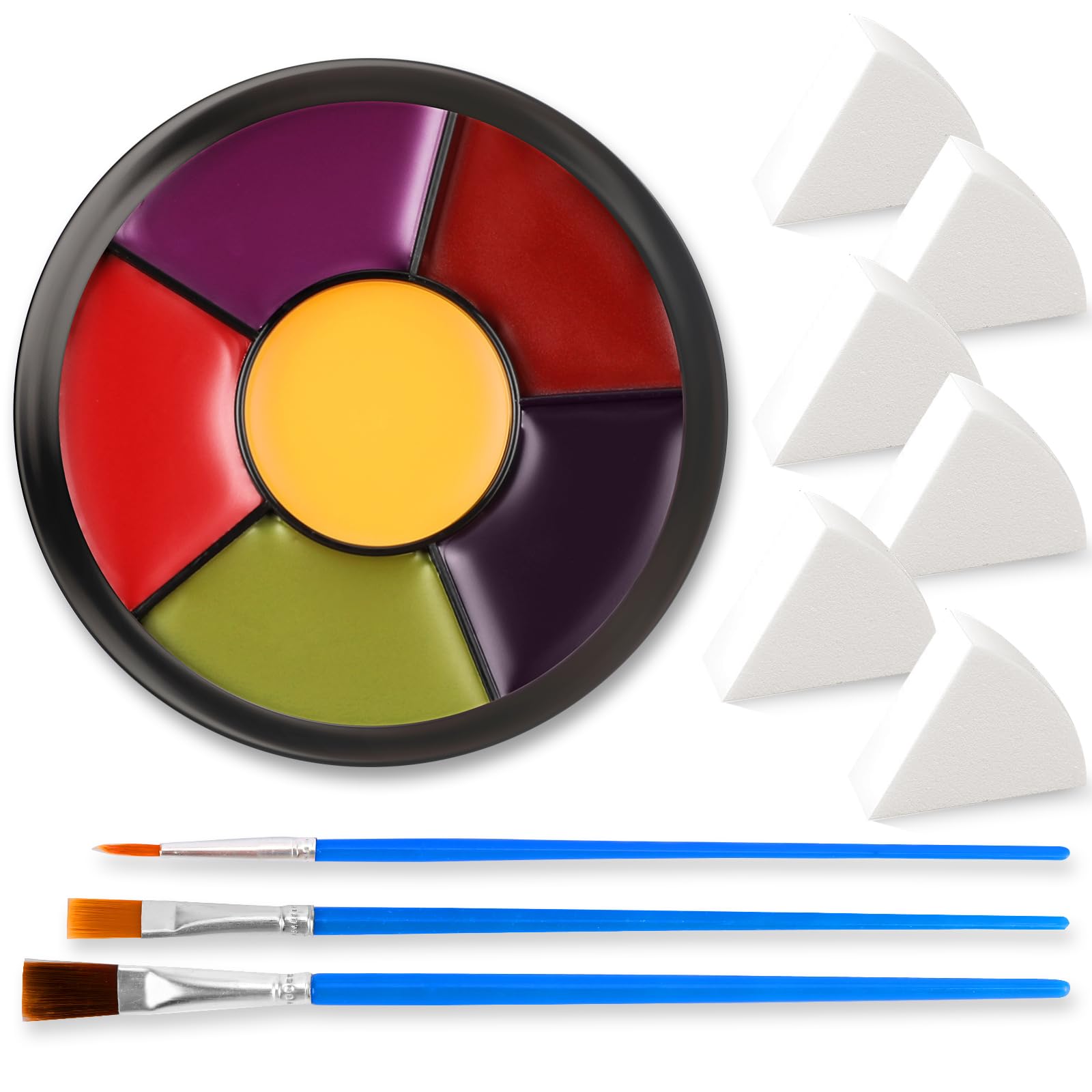 6 Colors Halloween Face & Body Paint Kit - Yellow, Purple, Red, Green, Bruise Wheel for SFX Makeup | Includes 6 Sponges & 3 Brushes | Perfect for Zombie, Clown, Joker, Alien, Witch & Cosplay Costumes