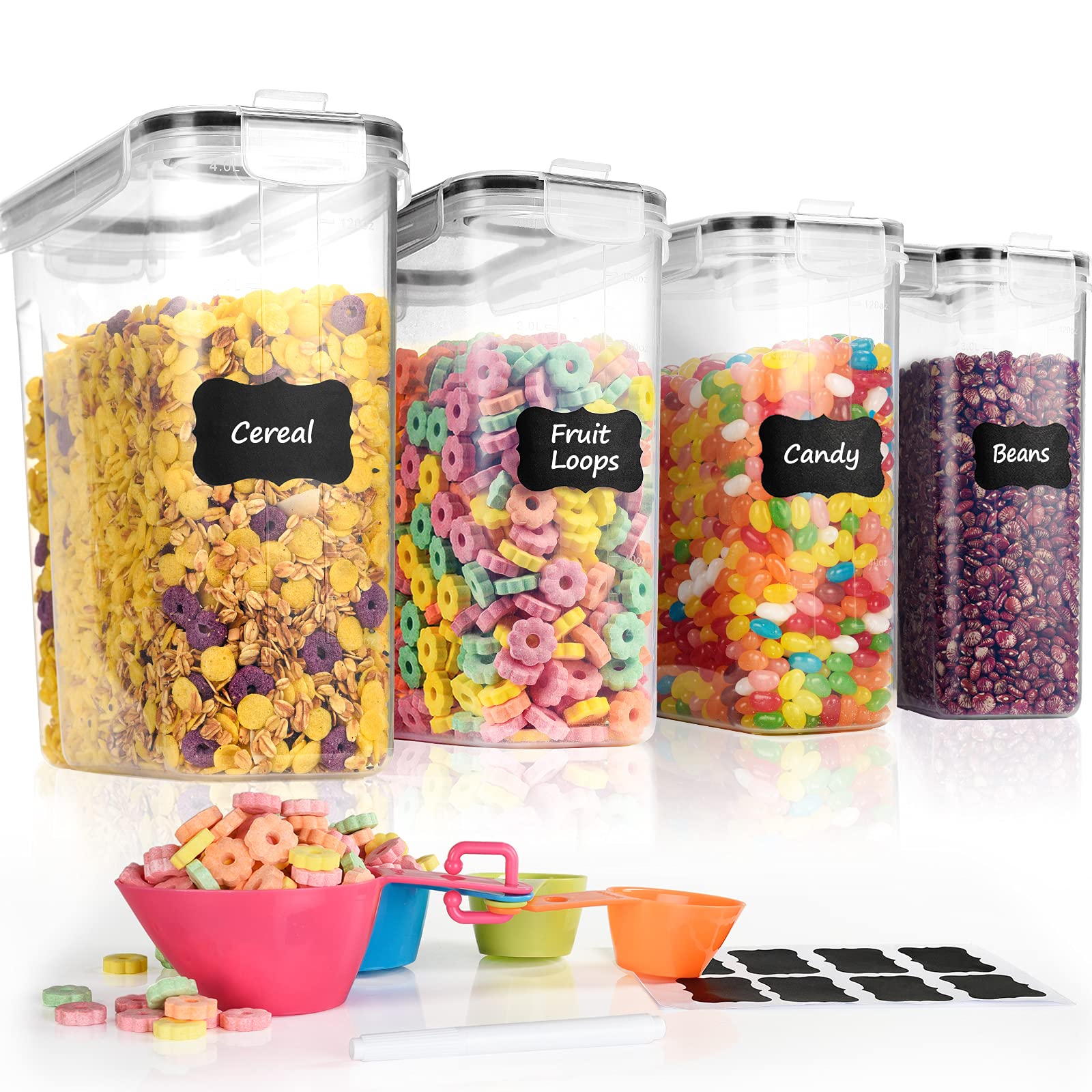 Tiawudi 4-Piece Airtight Cereal Storage Containers Set - 135.2oz/4L Each, Large Pantry Organization Containers with Labels & Measuring Spoons - Perfect for Kitchen, Pantry, and Bulk Food Storage