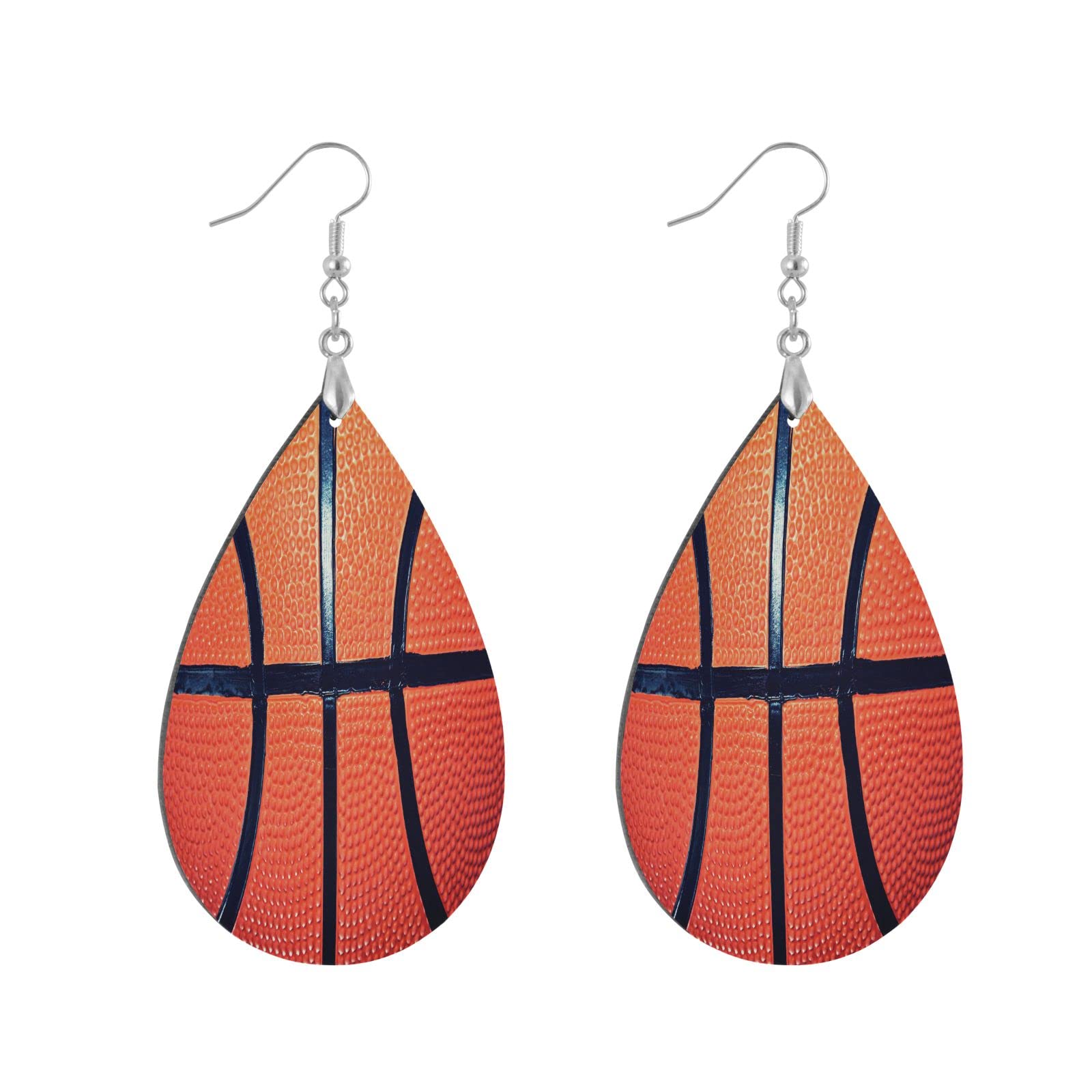 Basketball Leather Teardrop Dangle Earrings for Women - Lightweight Wooden Drop Earrings, Sporty Statement Jewelry Gift for Girls & Women - Perfect for Game Day, Casual Wear & Fashion Accessories