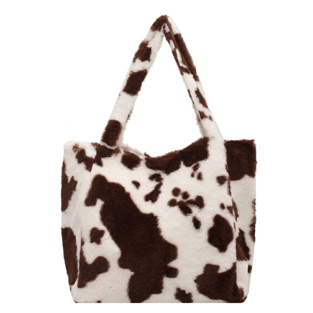 Stylish Plush Cow Print Shoulder Bag for Women - Large Capacity Casual Tote Handbag - Perfect for Shopping, Work, and Everyday Use in Fall & Winter