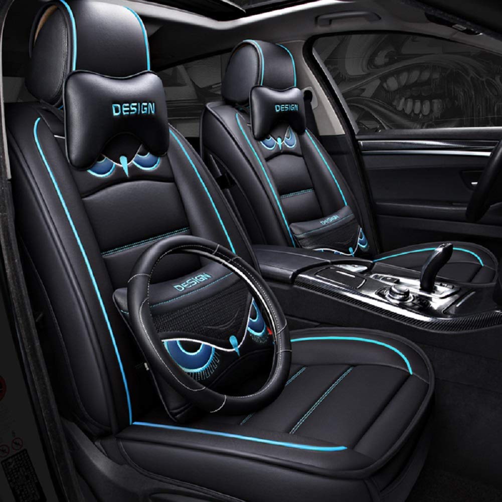 Premium OWL PU Leather Car Seat Covers Full Set - Waterproof 5-Seat Protection for Cars & SUVs (Black-Blue) | Includes 2 Lumbar Pillows, 2 Headrest Covers & Steering Wheel Cover | Perfect for Family Road Trips, Daily Commutes & Pet Protection