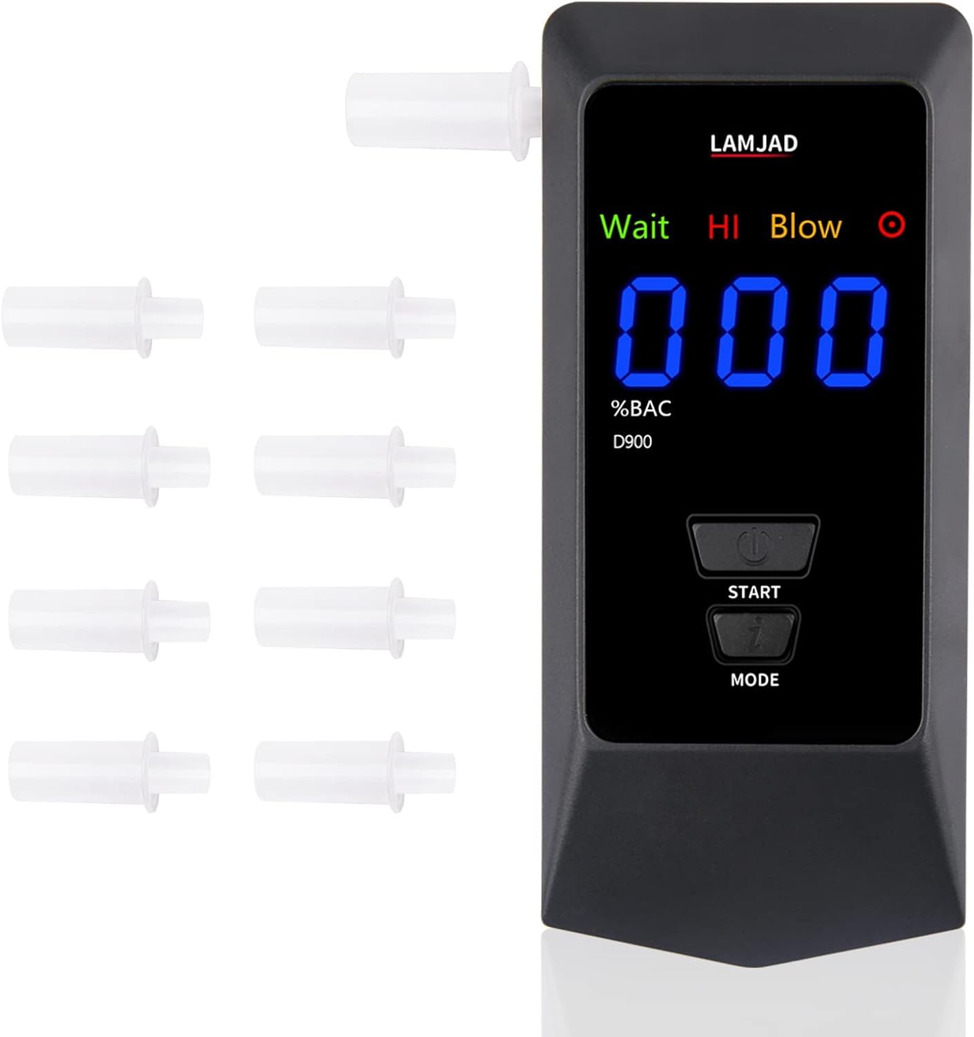 LAMJAD D900 Professional Digital Alcohol Breathalyzer with LED Display & USB Charger - 8 Mouthpieces Included - Semiconductor Sensor Technology for Personal & Workplace Safety Testing