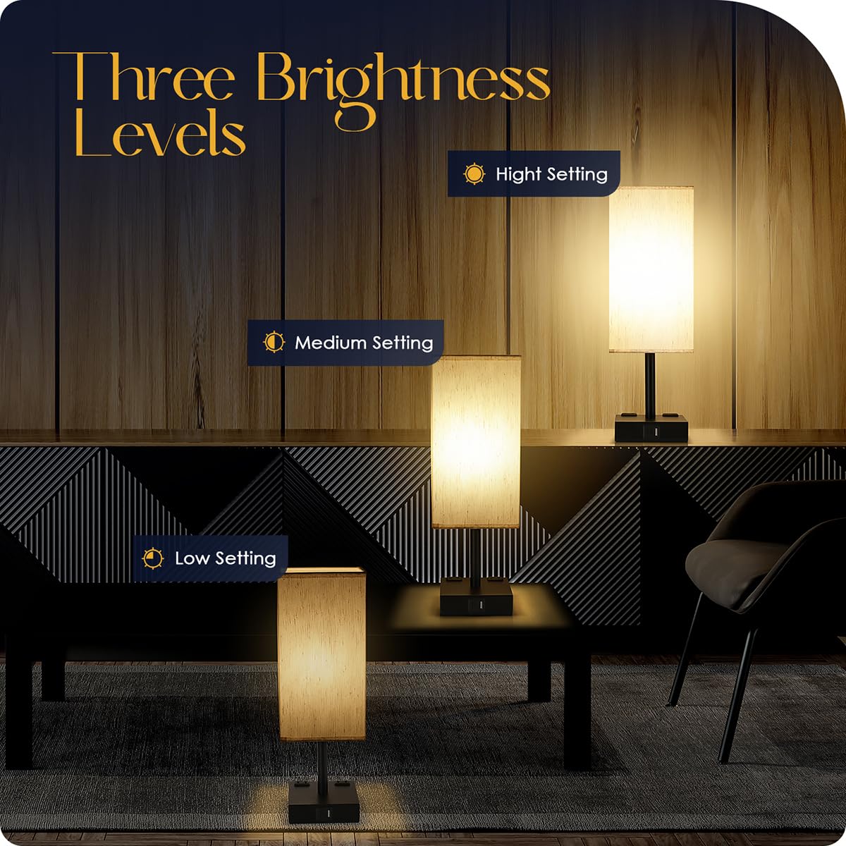2-Pack Touch Control Bedside Table Lamps with USB-C & AC Charging Ports - 3-Way Dimmable Nightstand Lamps with Flaxen Fabric Shade for Bedroom, Living Room & Office (Includes Bulbs) | Perfect for Reading, Working & Creating Cozy Ambiance