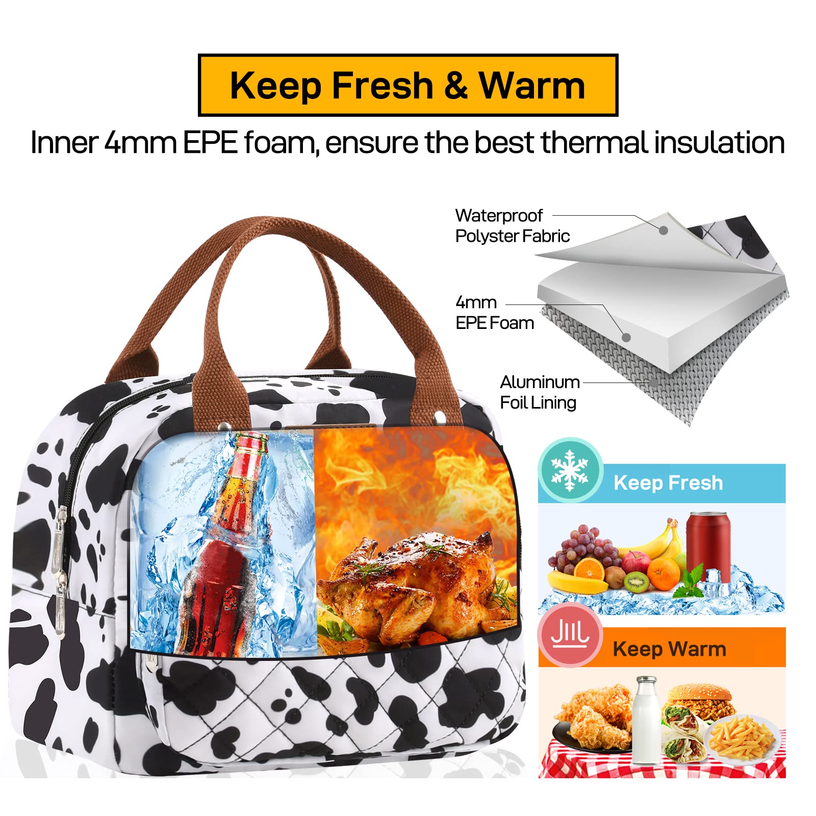 Burninger HOMESPON Insulated Lunch Bag for Women & Men - Leakproof Lunch Tote with Front Pocket - Perfect for Work, School, Picnic, Travel & Outdoor Activities (Cow Print)