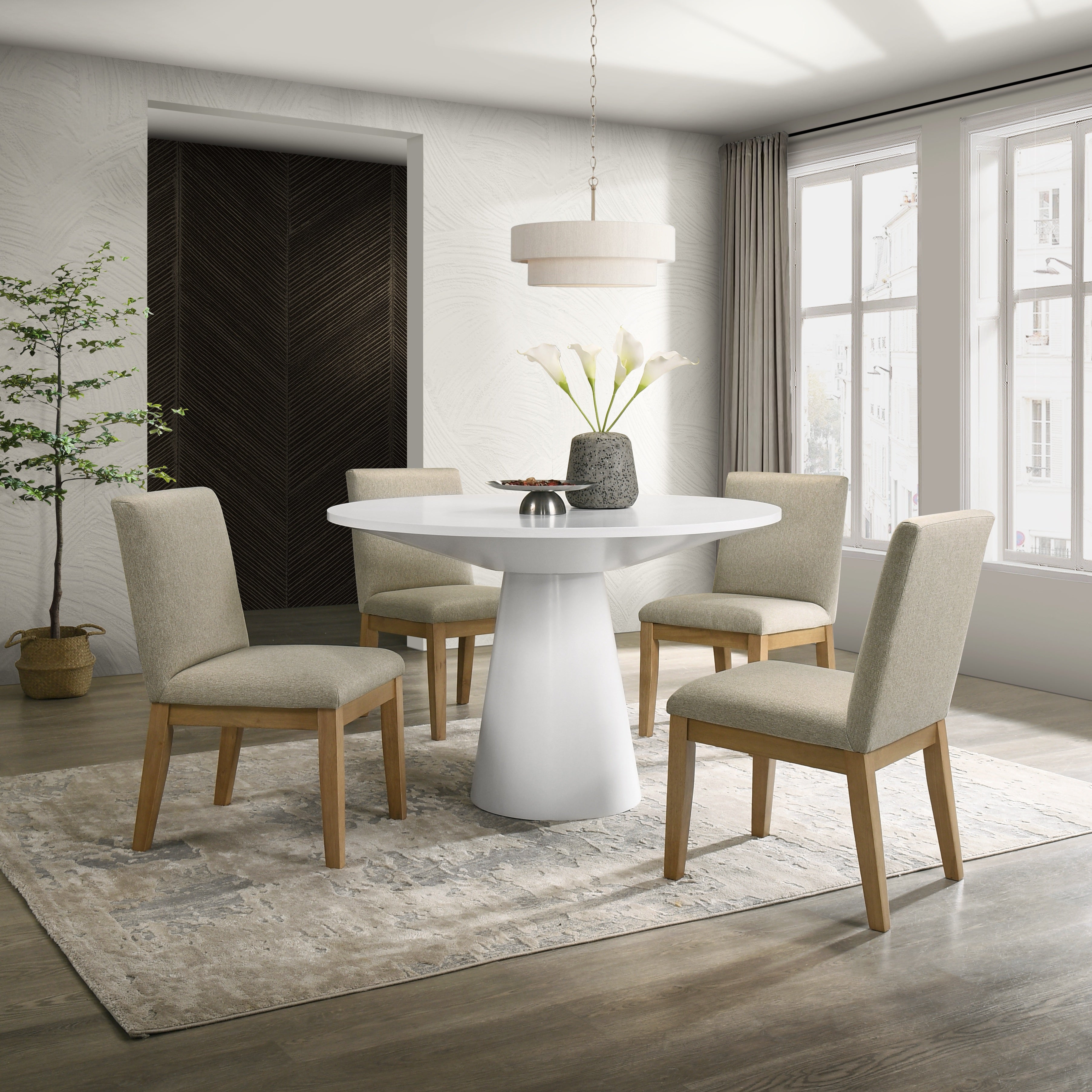 Modern Rocco 5-Piece Round Dining Set with Pedestal Table & 4 Chairs - Perfect for Small Spaces, Breakfast Nooks & Contemporary Kitchens