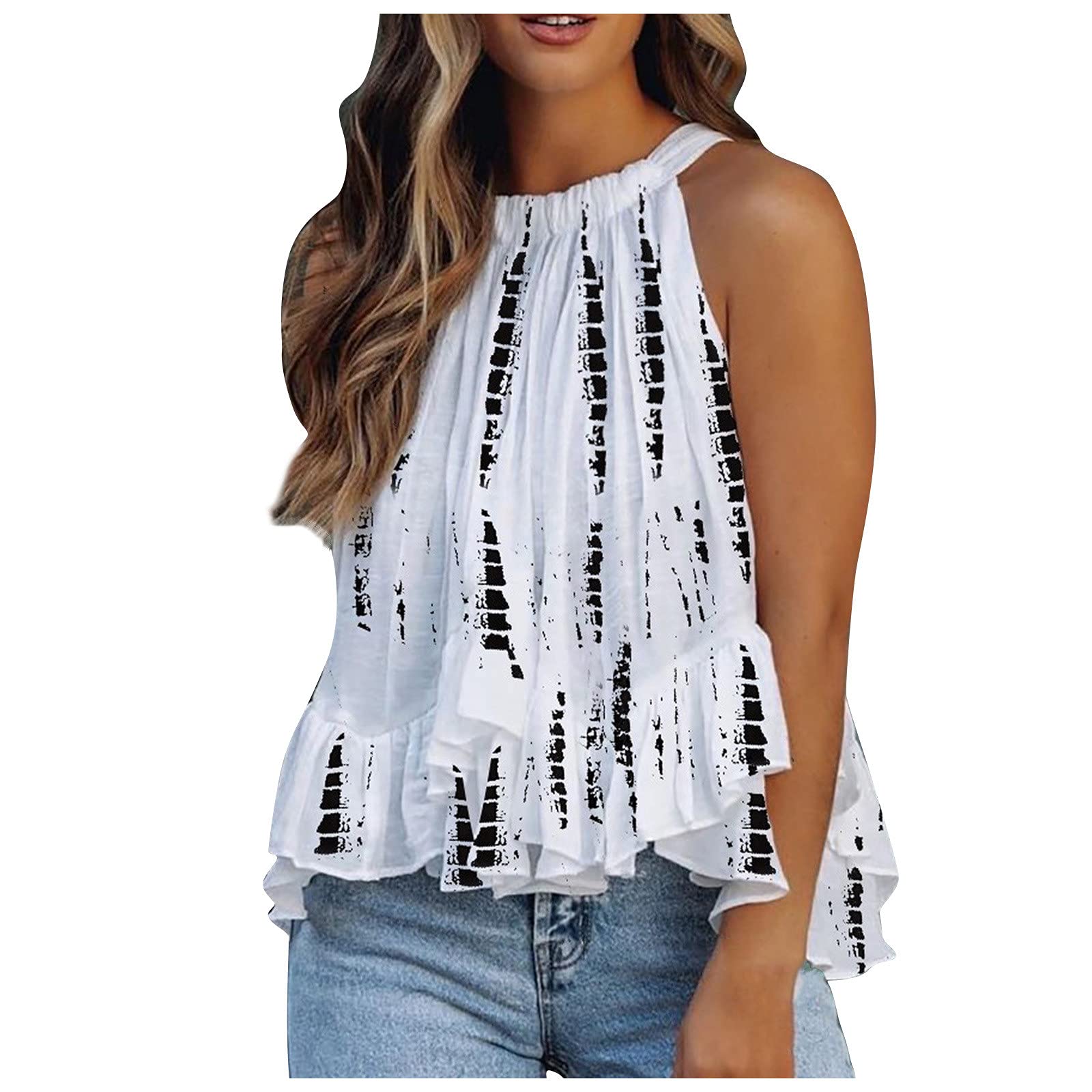 Women's Sleeveless Floral Print Halter Tank Tops - Casual Pleated Camisole Tees for Summer | Perfect for Beach Outings, Vacation Wear & Everyday Casual Style