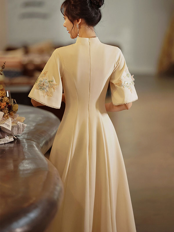 Elegant Embroidered Fit and Flare Qi Pao Cheongsam Dress with Bell Sleeves | Traditional Chinese Dress for Women | Perfect for Weddings, Parties & Cultural Events