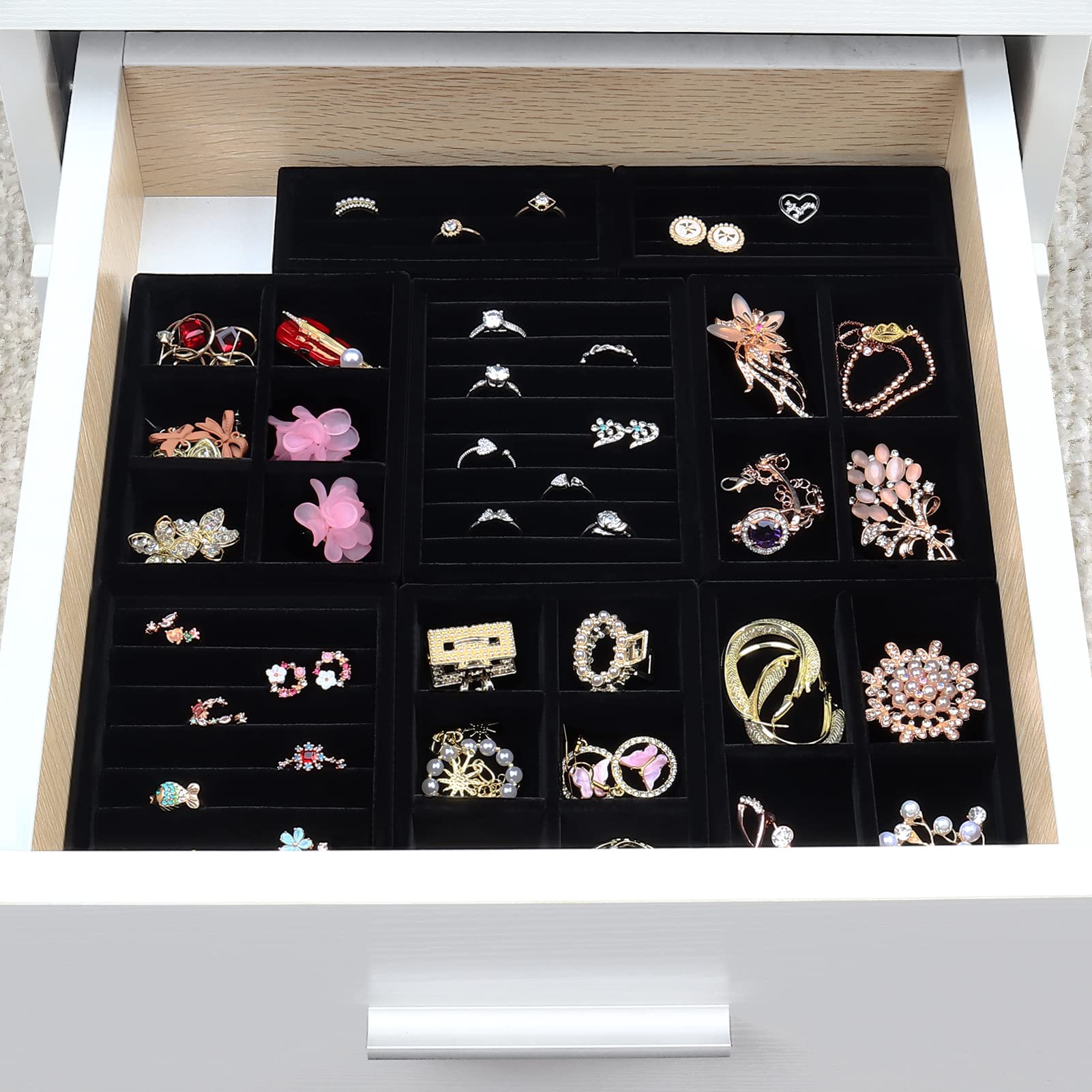 2-Piece Premium Velvet Jewelry Tray Organizer - Ring & Earring Display Holder with 8 Slots for Jewelry Box, Drawer, Dresser | Elegant Black Storage Solution for Home, Travel & Gift Giving