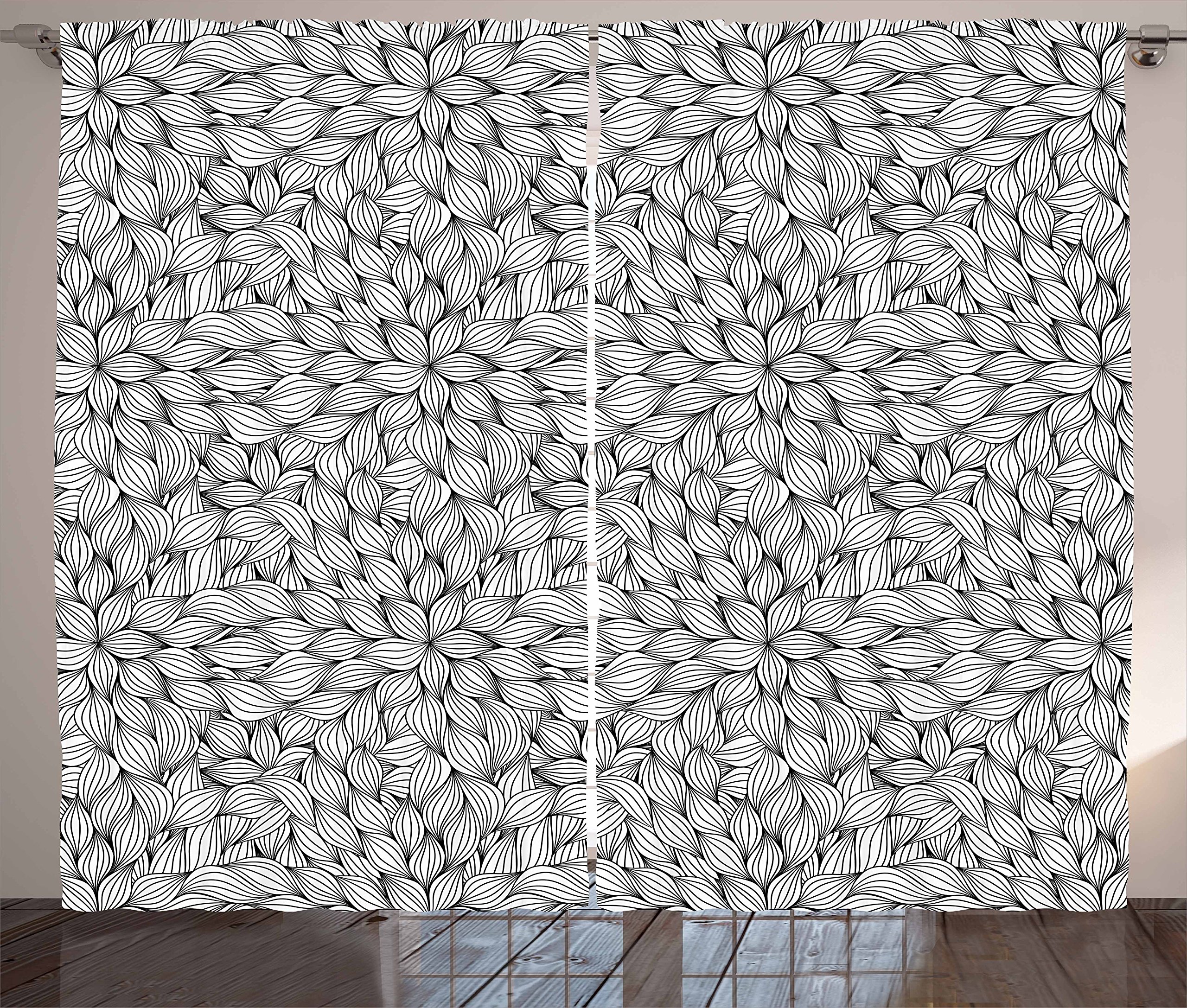 Ambesonne Black and White Curtains - Modern Line Art Foliage Design with Striped Leaves & Petals, Botanical Print Window Drapes for Living Room & Bedroom, 2 Panel Set (108