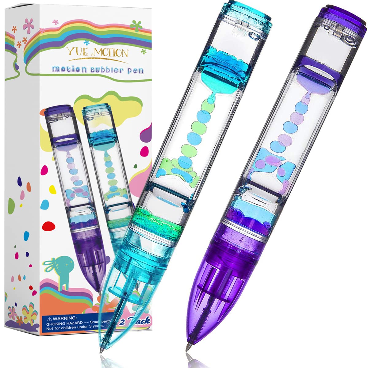 YUE MOTION Liquid Fidget Pens - 2 Pack Sensory Stress Relief Toys for Kids & Adults | Colorful Bubble Timer Pens for Classroom, Autism Therapy, Party Favors & Christmas Stocking Stuffers | Fun Desk Fidget Toy for Anxiety Relief & Focus Improvement