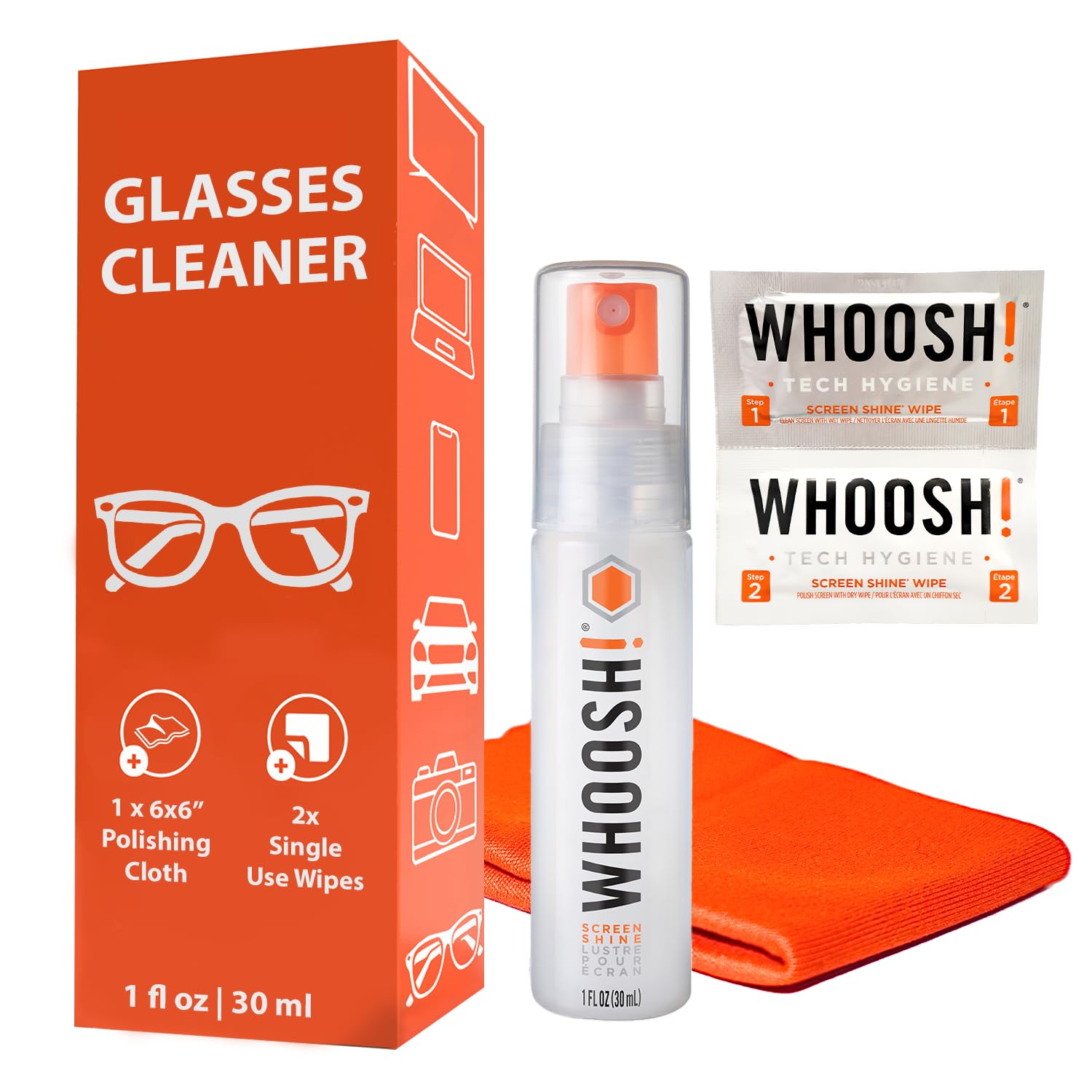 WHOOSH! Glasses Cleaner Spray Kit - 1 fl oz Lens Cleaner, Microfiber Cloth & 2 Screen Wipes | Travel-Size Eyeglass & Sunglasses Cleaner | Safe for MacBook, Laptop & Computer Screens | Perfect for Office, Travel & Daily Lens Maintenance