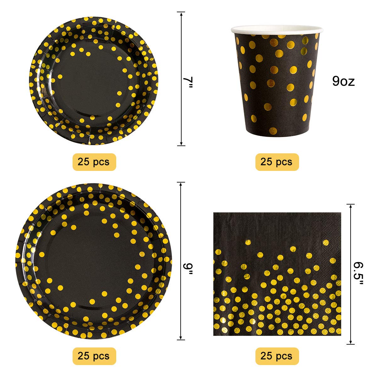 HOMIX 175-Piece Black and Gold Disposable Party Supplies Set - Paper Plates, Napkins, Cups & Gold Plastic Cutlery (Forks, Knives, Spoons) - Perfect for Graduation, Birthday, Cocktail Party (Serves 25) - Elegant Tableware for Home Celebrations & Special Events