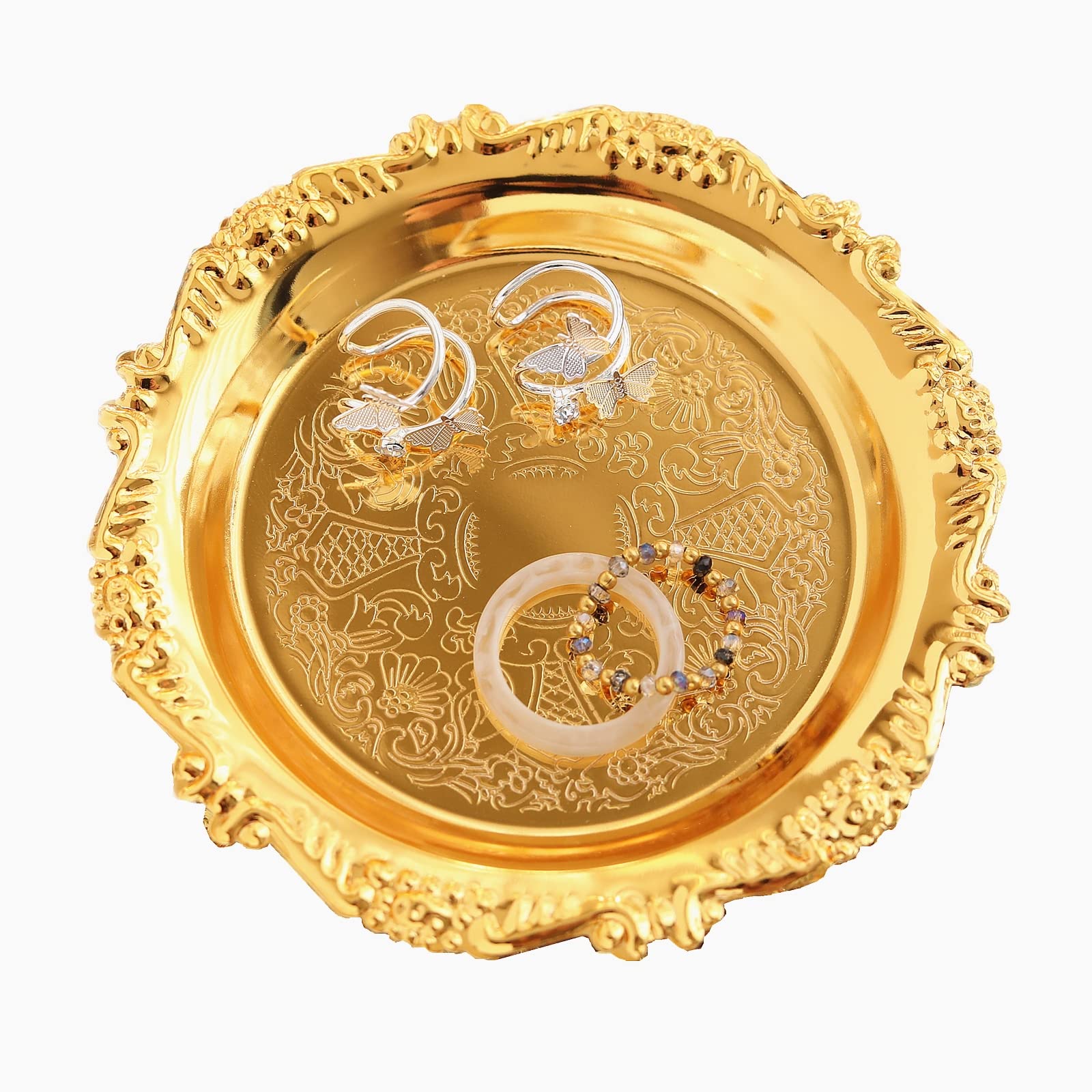 Golden Round Jewelry Organizer Tray - Necklace Holder, Ring Dish, Storage Plate for Home Decor, Wedding Gift, Perfume & Candle Display - Perfect for Holiday Parties, Dessert Serving & Fruit Display (Mini Size)
