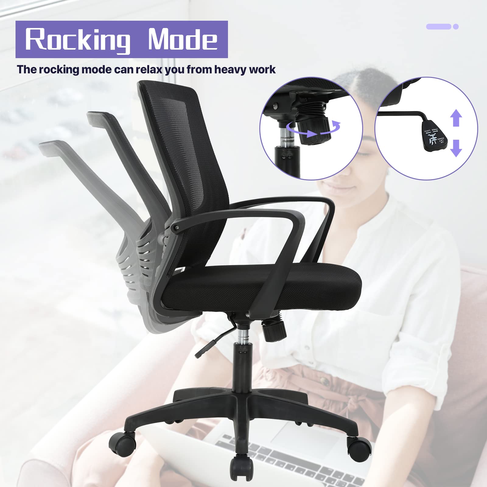 Ergonomic Mesh Office Chair with Lumbar Support & Adjustable Armrests - Heavy Duty Swivel Rolling Computer Desk Chair for Home Office, Study, or Gaming - Black